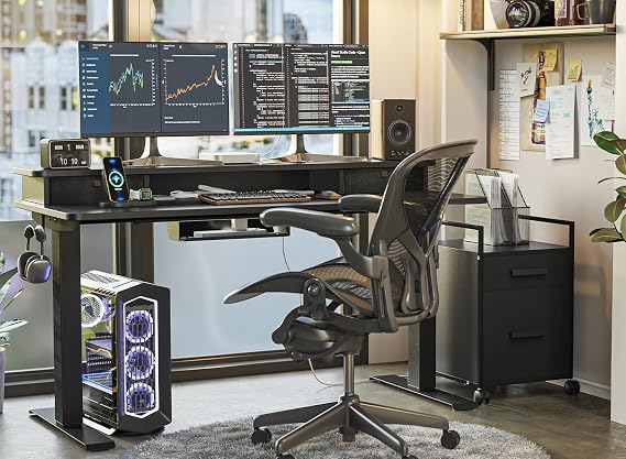 FEZIBO Electric Height Adjustable Standing Desk, 120x60cm, with Double Drawers and Storage Shelf, Black