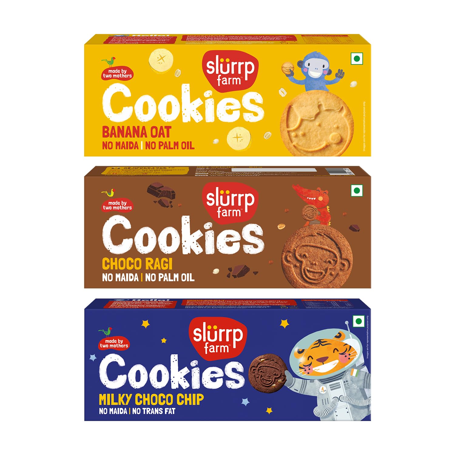 Slurrp Farm Choco Ragi, Banana Oat & Milky Choco Chip Multigrain Cookies | Super Saver Pack | Tasty Cookies for Kids| Perfect for tiffins, travel or snack time | Pack of 3 x 80g