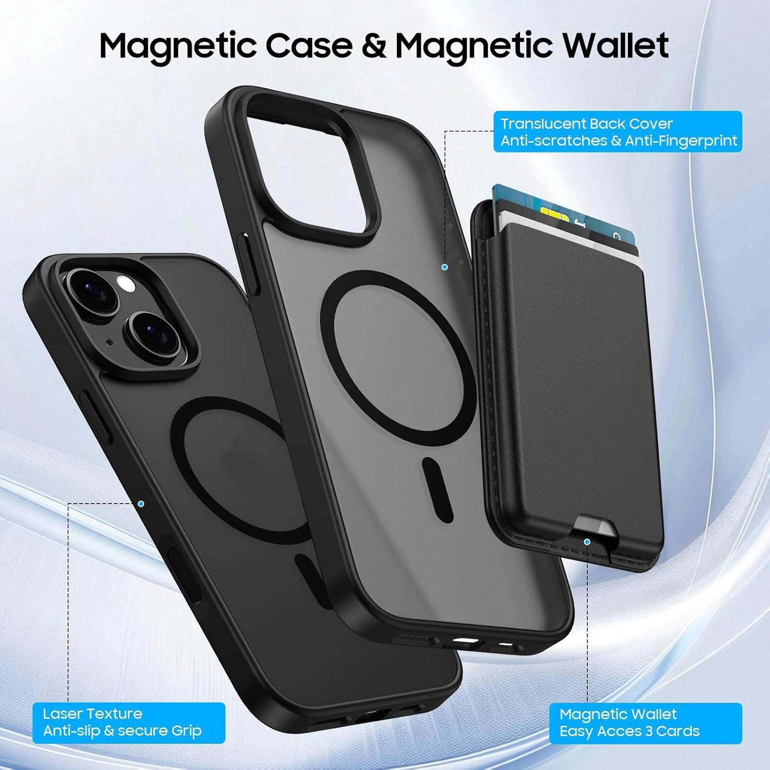 Magnetic for iPhone 14 Plus & iPhone 15 Plus Case with Detachable Magnetic Wallet, Compatible with MagSafe, Credit Card Holder, RFID Blocking, Military Protective Slim Phone Cover, Black - Image 3