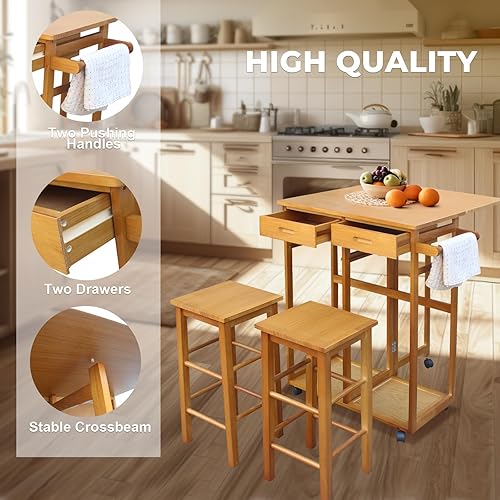 Miniatura 5 de Sheeroy 3 mesas móviles de hojas colgantes para espacios pequeños con almacenamiento, carrito de isla rodante para cocina con 2 taburetes, pequeña