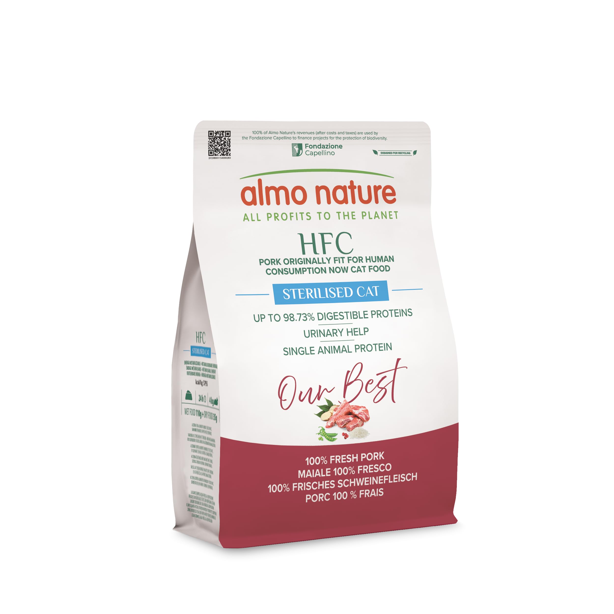 Almo Nature HFC Our Best Sterilised - Dry Food for Adult Cats - Fresh Pork, Monoprotein - Human Grade, Gluten Free, for Weight Control - 300g