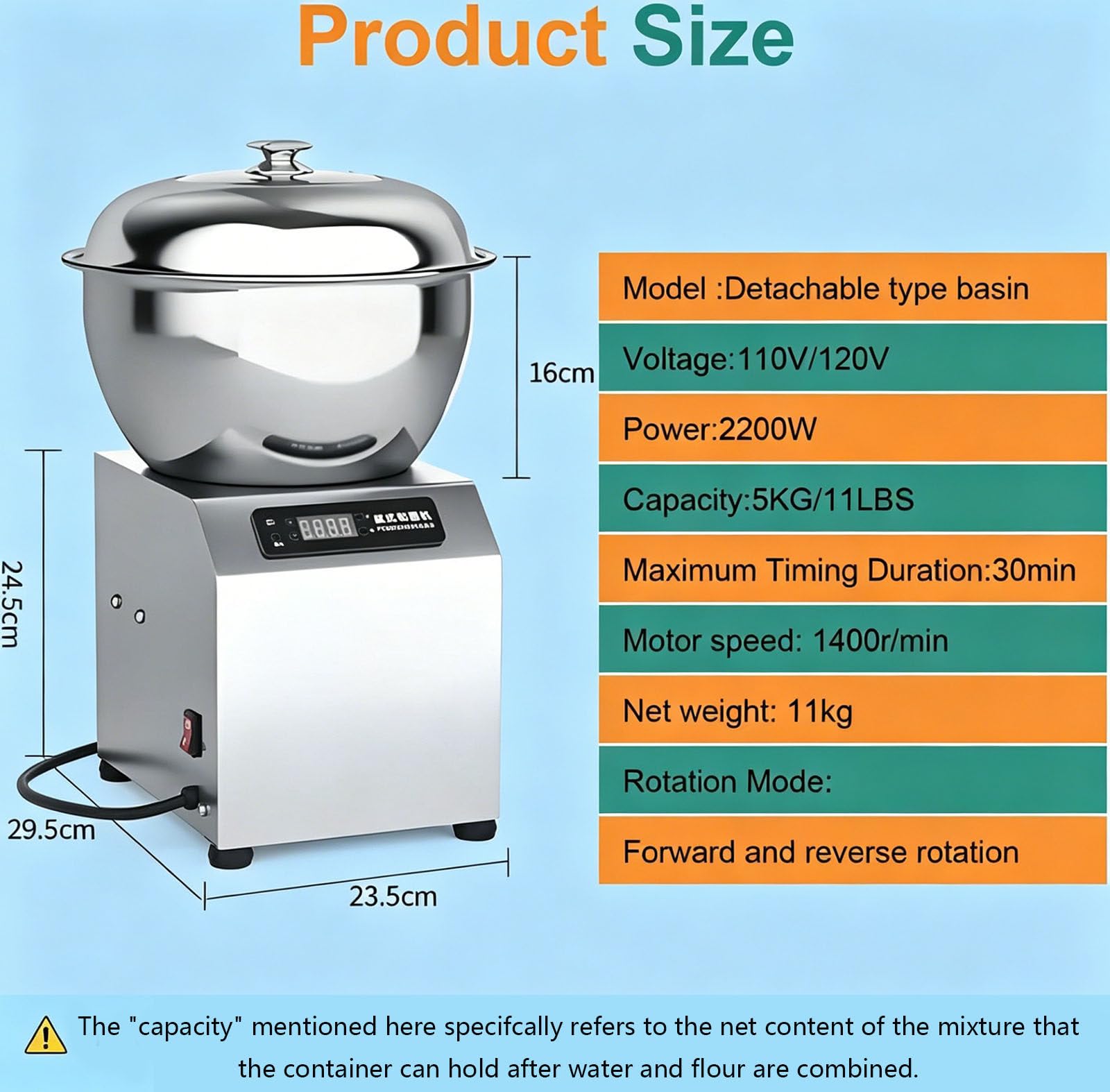 Impastatrice a Spirale Commerciale da 5 kg/8 kg con Doppia Rotazione, impastatrice elettrica per impieghi gravosi per panetteria, Ristorante, Pizzeria e Uso Domestico 5KG