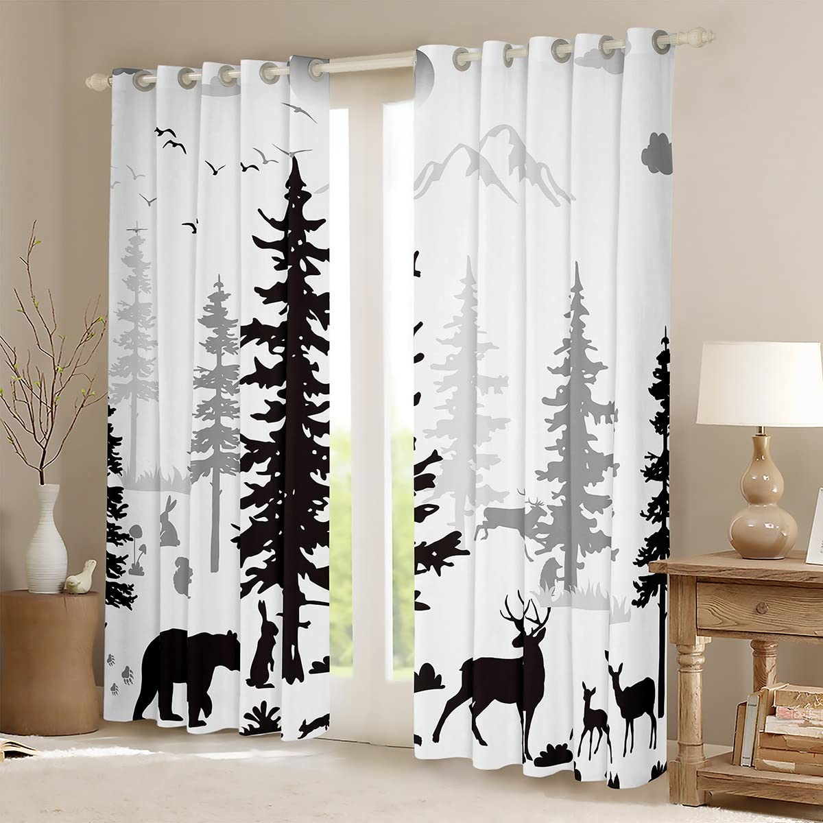 Cute Bear Blackout Curtains Deer Moose Curtains for Boys Girls, Jungle Wildlife Curtains & Drapes Kawaii Animal Living Room Curtains, Black White Cartoon Window Curtains for Kids Toddler Bedroom Decor