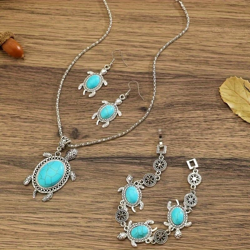 ONLYJUMP Vintage Turtle Necklace Pendant Cute Animal Sea Tortoise Turquoise Earrings Hook Hollow Circle Flower Bracelet for Women Boho Jewelry Set - Image 5