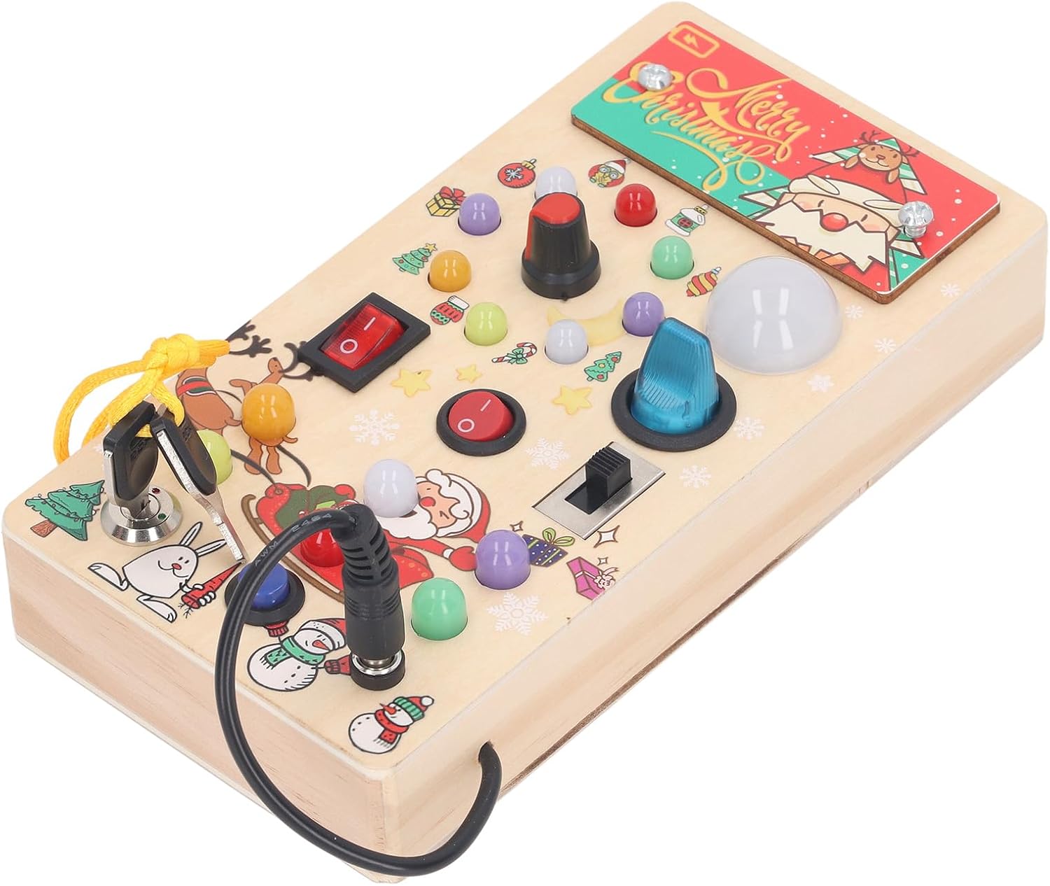 Busy Toddler Board with 8 LED Light Switches, Wooden Sensory Toy for Under 1 Year Old, Christmas Style Busy Controller Board with Eye - Safe Lights, Pine and Basswood Construction