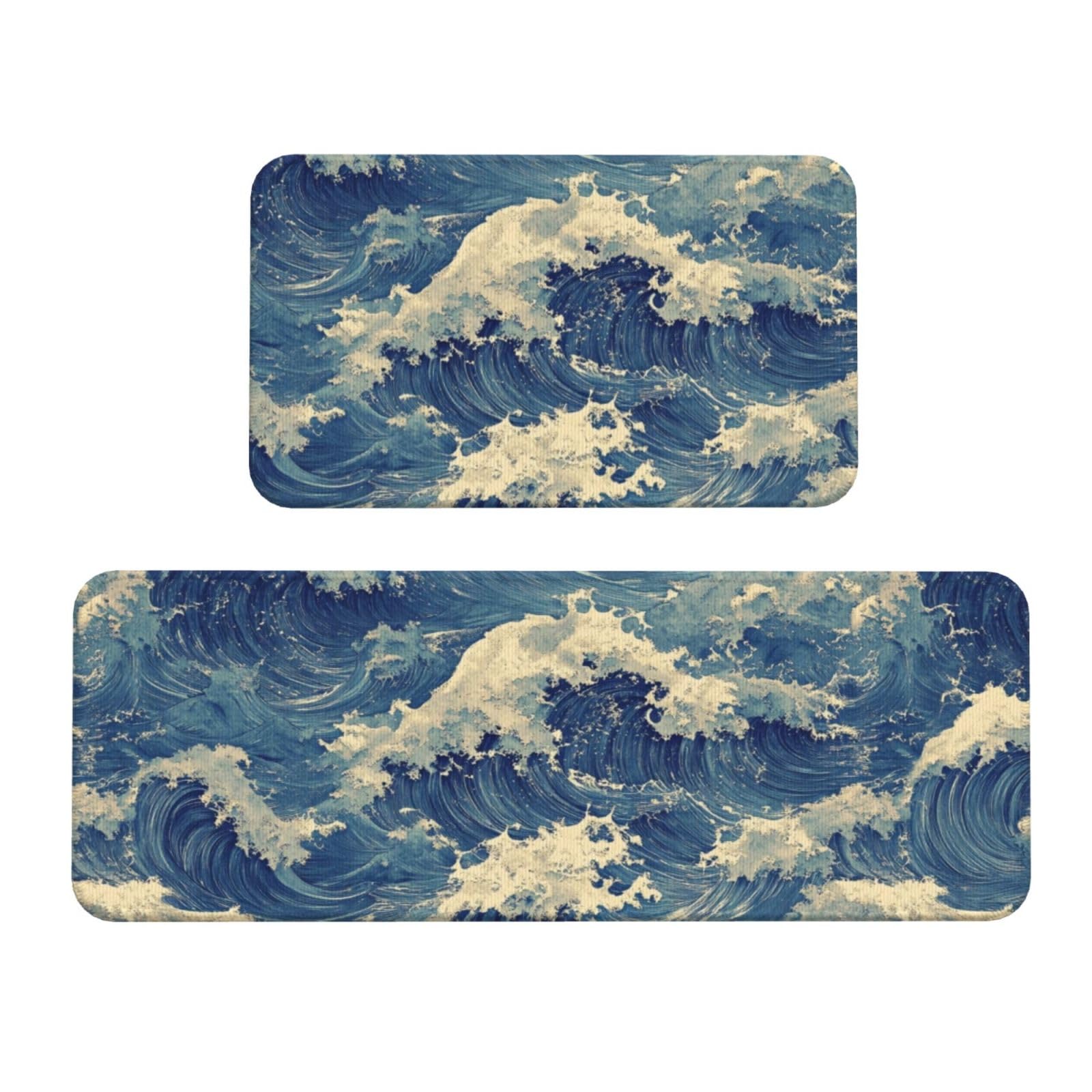 Tapetes de cocina Blue Waves acolchados, el juego de alfombras ideal para tu hogar y lavandería