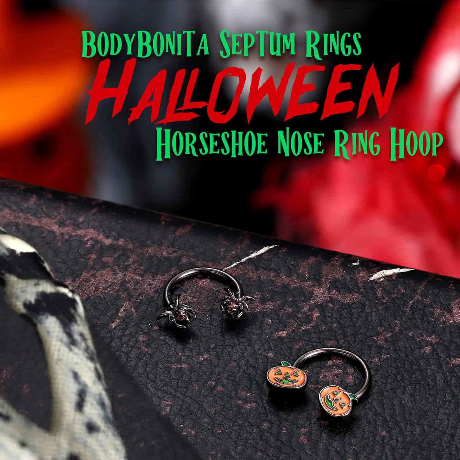BodyBonita Septum Rings for Women Men 16G, 316 Surgical Steel Horseshoe Halloween Nose Ring Hoops, Spider Pumpkin Helix Daith Conch Piercing Jewelry Cartilage Earrings Red CZ 10mm Black - Image 6