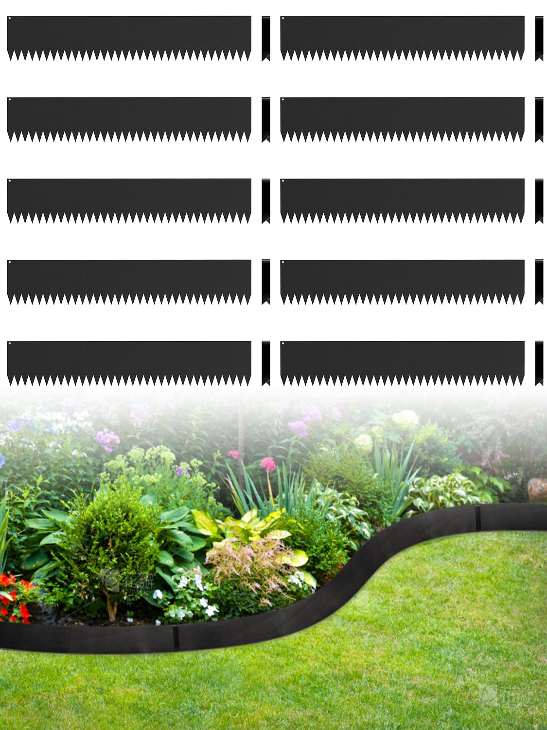 Bellanny Lawn Edging | Metal Garden Edging Border| Flexible Decorative Pathway Edge Strip - 10Pcs 107.5×15cm Corten Steel Landscape Border for Trees, Flower Bed, Grass, Plants, Driveway, Yard (Black)