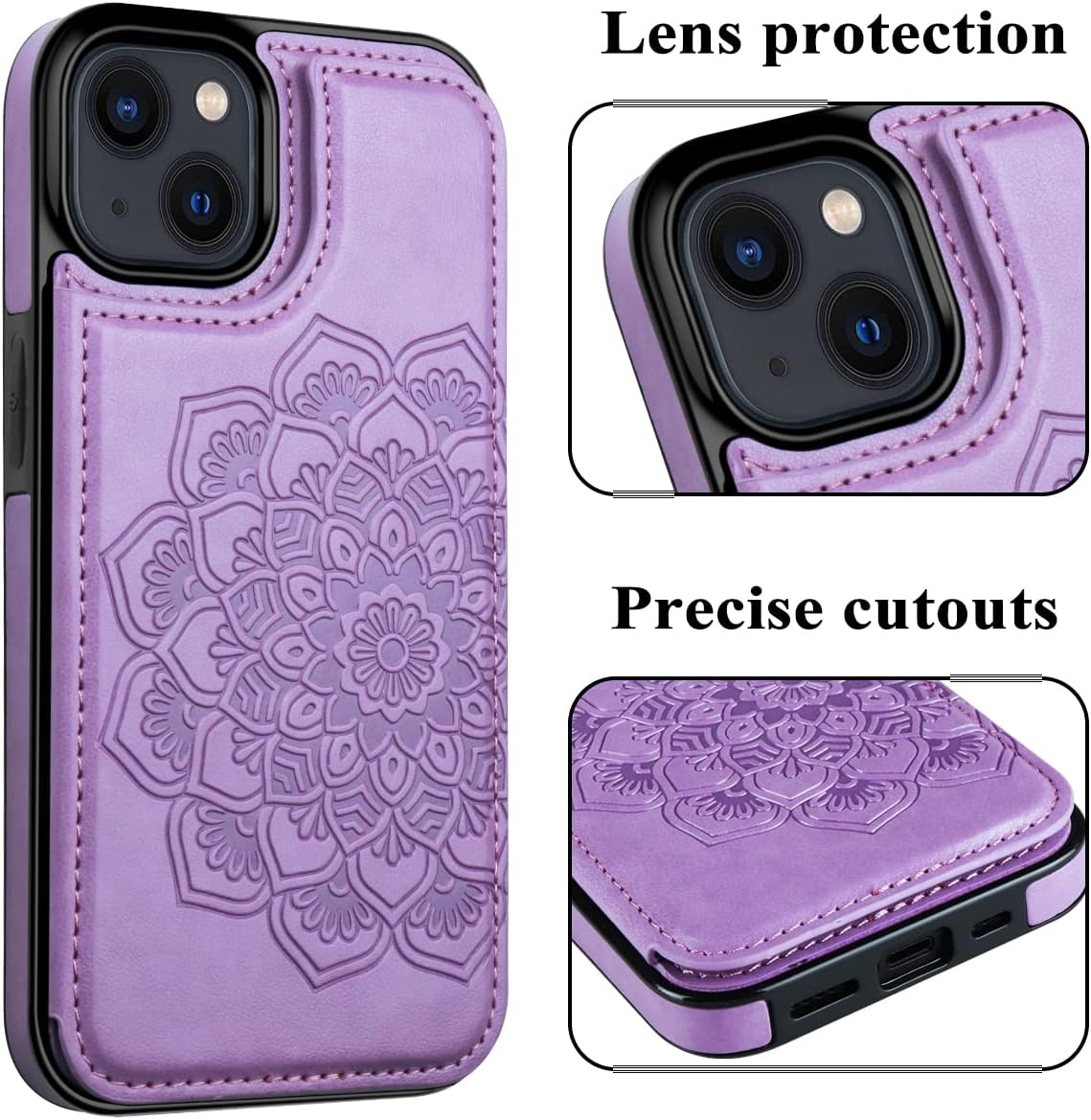 MMHUO for iPhone 14 Case with Card Holder, Flower Magnetic Back Flip Wallet Case for Women, Protective Case Phone Case for iPhone 14,Purple | with Card Holder