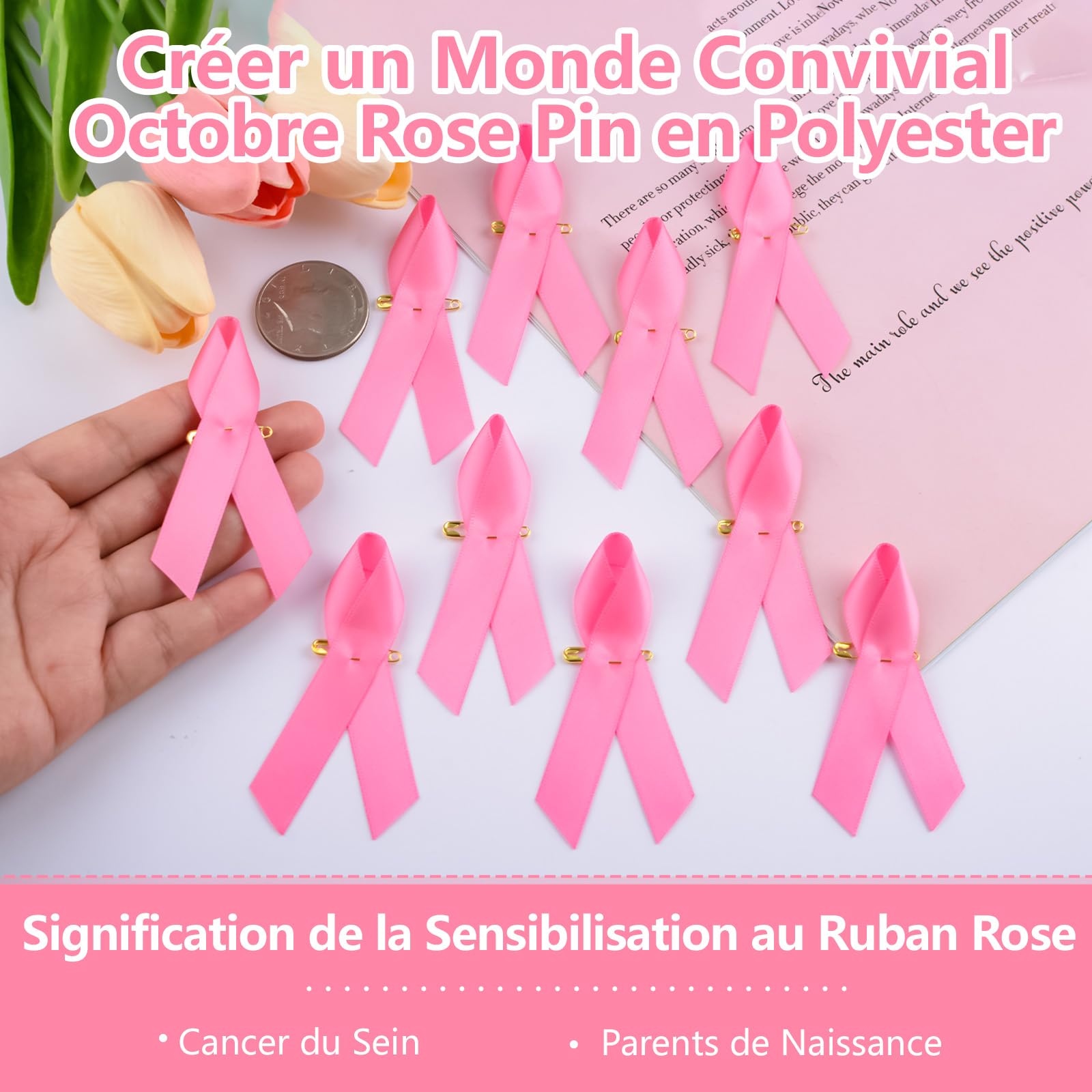 WANDIC 500 PCS Pin's Octobre Rose,Broche Octobre Rose Decoration pour la Sensibilisation au Cancer du Sein Épingles Badge à Ruban en Polyester Accessoires pour Les Activités Caritatives Femme