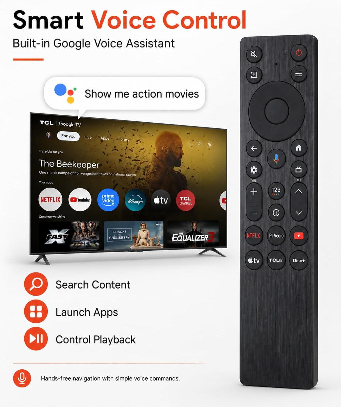 Voice Remote for TCL Google TVs QM5K/QM6K/QM7K/Q77K | For G0401-000267 and RC923A FMB1; Fits 50-115 in QLED/Mini-LED Models with 6 App Keys