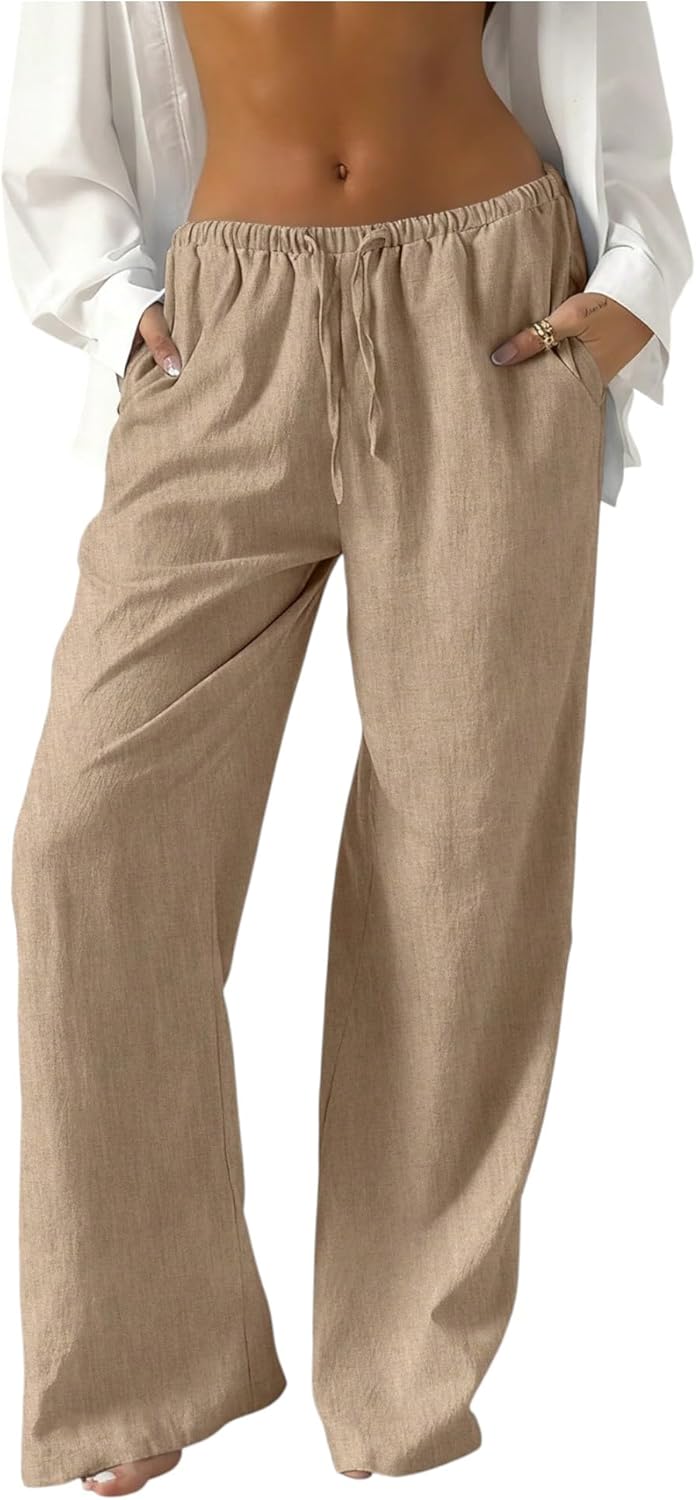 Womens Cotton Linen Wide Leg Palazzo Pants Casual Loose Drawstring Elastic Waist Summer Beach Trousers with Pockets