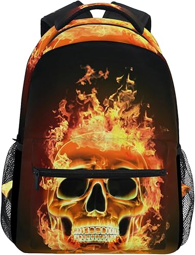 Wamika Mochilas de calavera de fuego, bolsa de libro para computadora portátil, mochila casual extra duradera, ligera, para viajes, deportes,