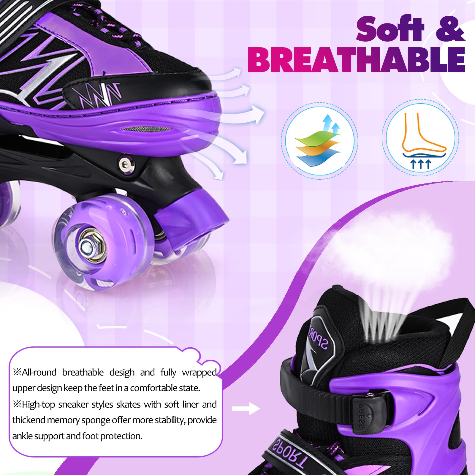Patins à roulettes pour Enfants garçons et Filles, 4 Tailles réglables pour Enfants et Adolescents avec Roues Lumineuses, Violet et Blanc à roulettes Quad pour Le Sport