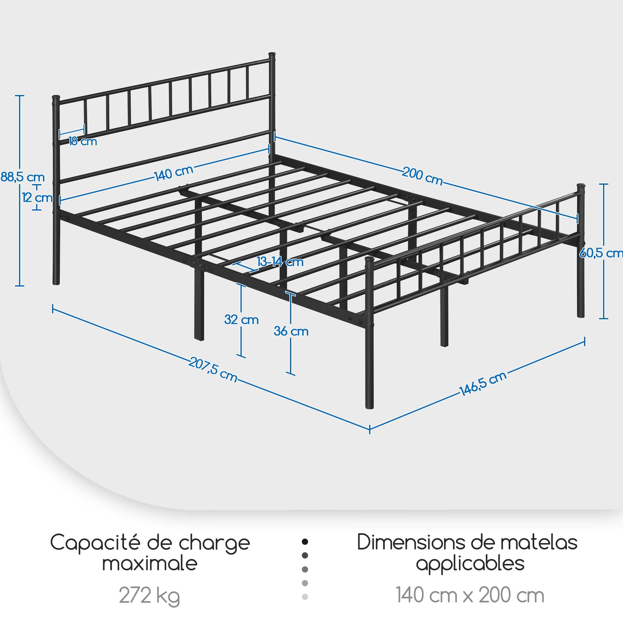 Abician Cadre de lit 140x200 cm Lit Double en Métal pour Adultes Grande Espace en Lattes Noir