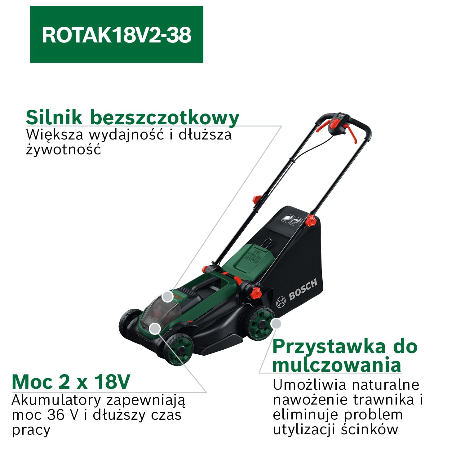 Bosch Kosiarka akumulatorowa ROTAK18V2-38 (szerokość cięcia: 38 cm, wysokość cięcia: 30 – 75 mm, materiałowy worek na trawę 40 l, przystawka do mulczowania, bez akumulatora) | szerokość cięcia: 38 cm, wysokość cięcia: 30-75 mm, torba do zbierania tkaniny