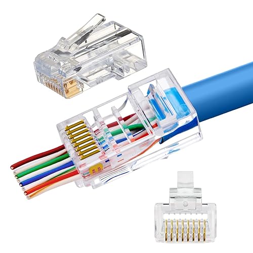Conectores de paso RJ45 Cat5e Cat5 Cat5 chapados en oro, conectores 8P8C, extremos sin blindaje de red UTP para cable sólido y cables estándar de