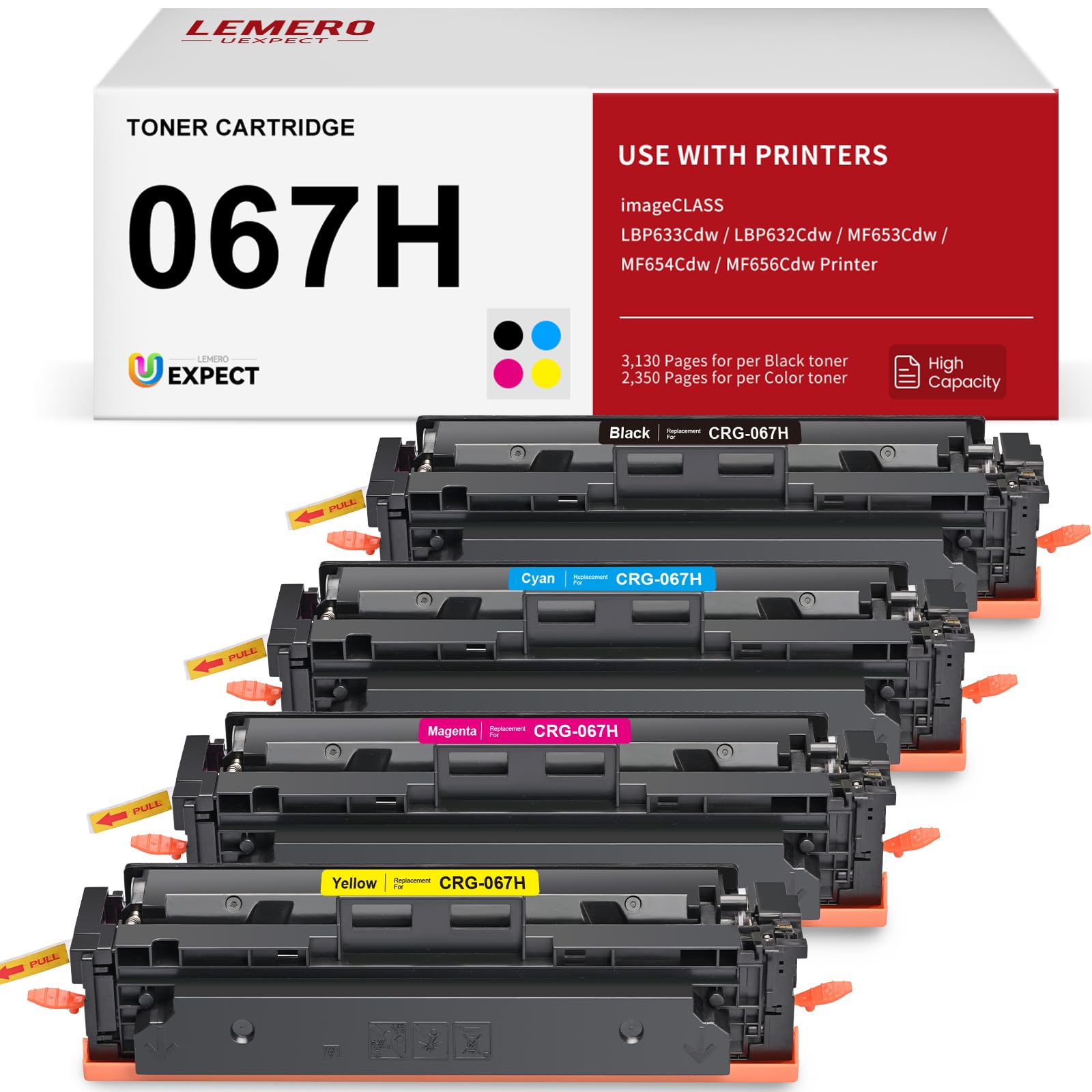 LEMERO UEXPECT 067H High Yield Toner Cartirdge Set Compatible Canon 067H 067 Toner for Color ImageClass MF656Cdw MF654Cdw LBP633Cdw LBP632Cdw MF653Cdw Printer Ink, 4 Pack