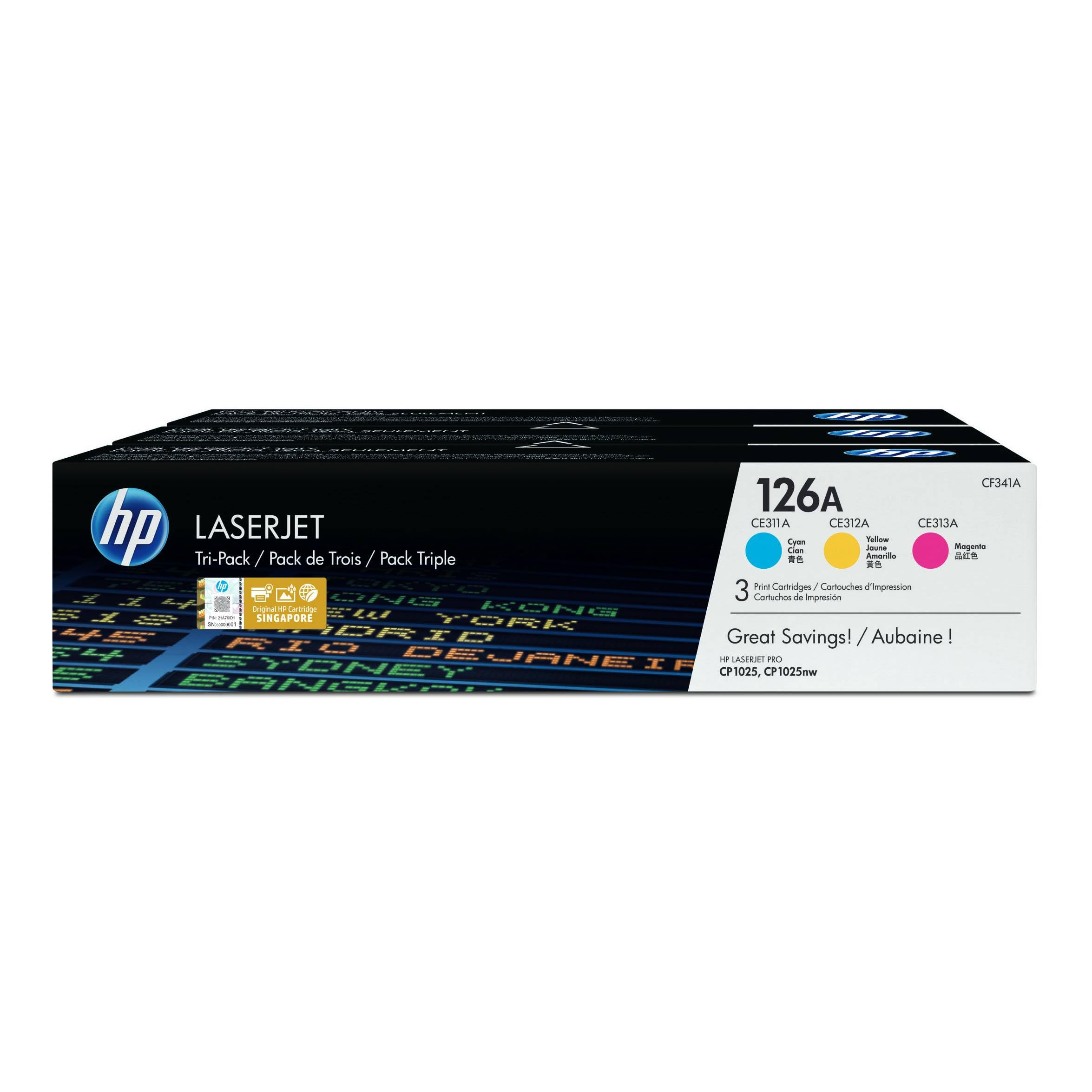 HP 126A CE310AD, Cian, Amarillo y Magenta, Cartuchos Tóner Originales, Pack de 3, para impresoras HP LaserJet Pro serie CP1020, CP1025, TopShot M275 y 100 Color MFP 175