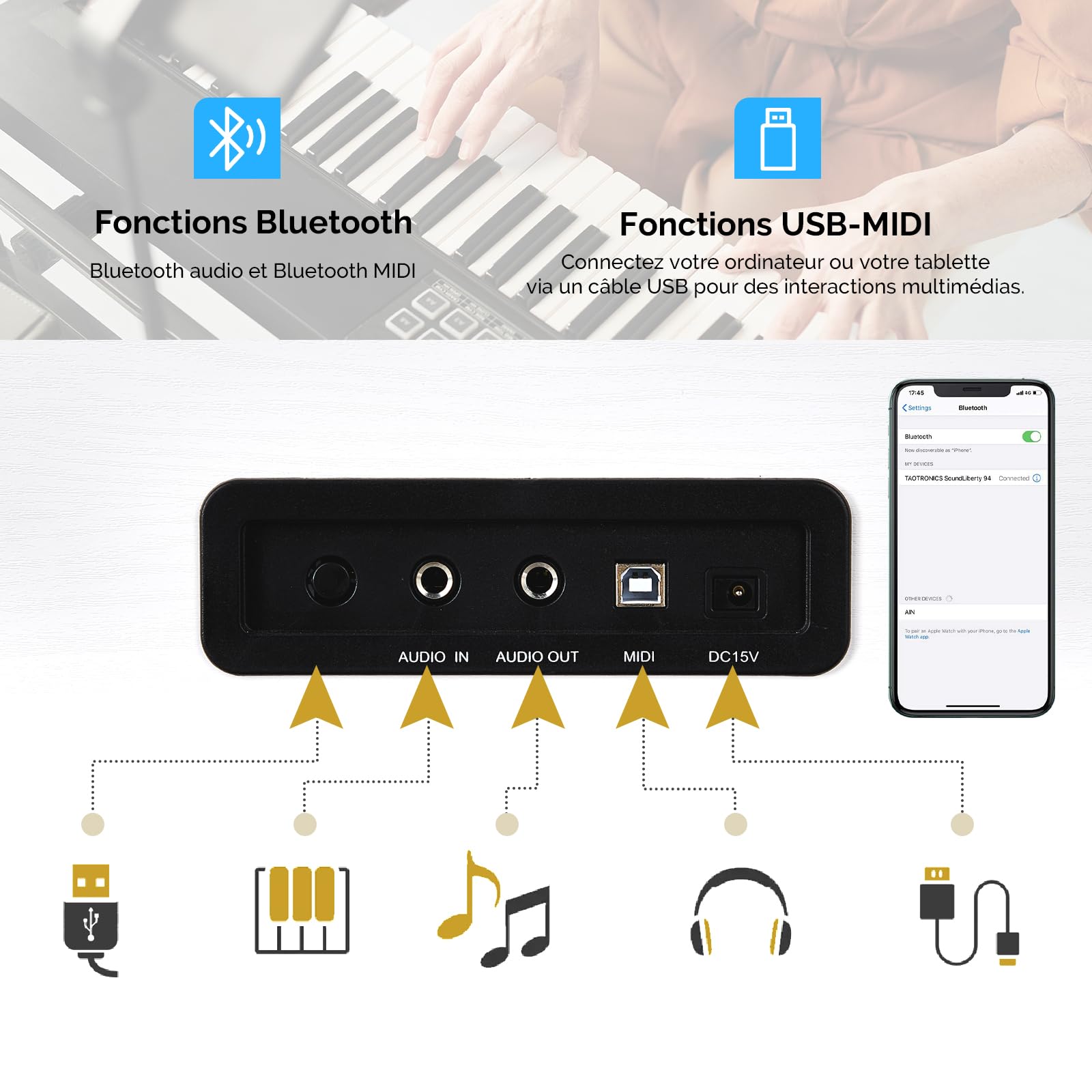 BONNLO Piano Numérique 88 Touches Pondérées, Piano Électrique avec Bluetooth Audio&MIDI- Enregistrement, Transposition, Volume Accompagnement, Accord/Force - Idéal pour Famille, Enseignement (Blanc)
