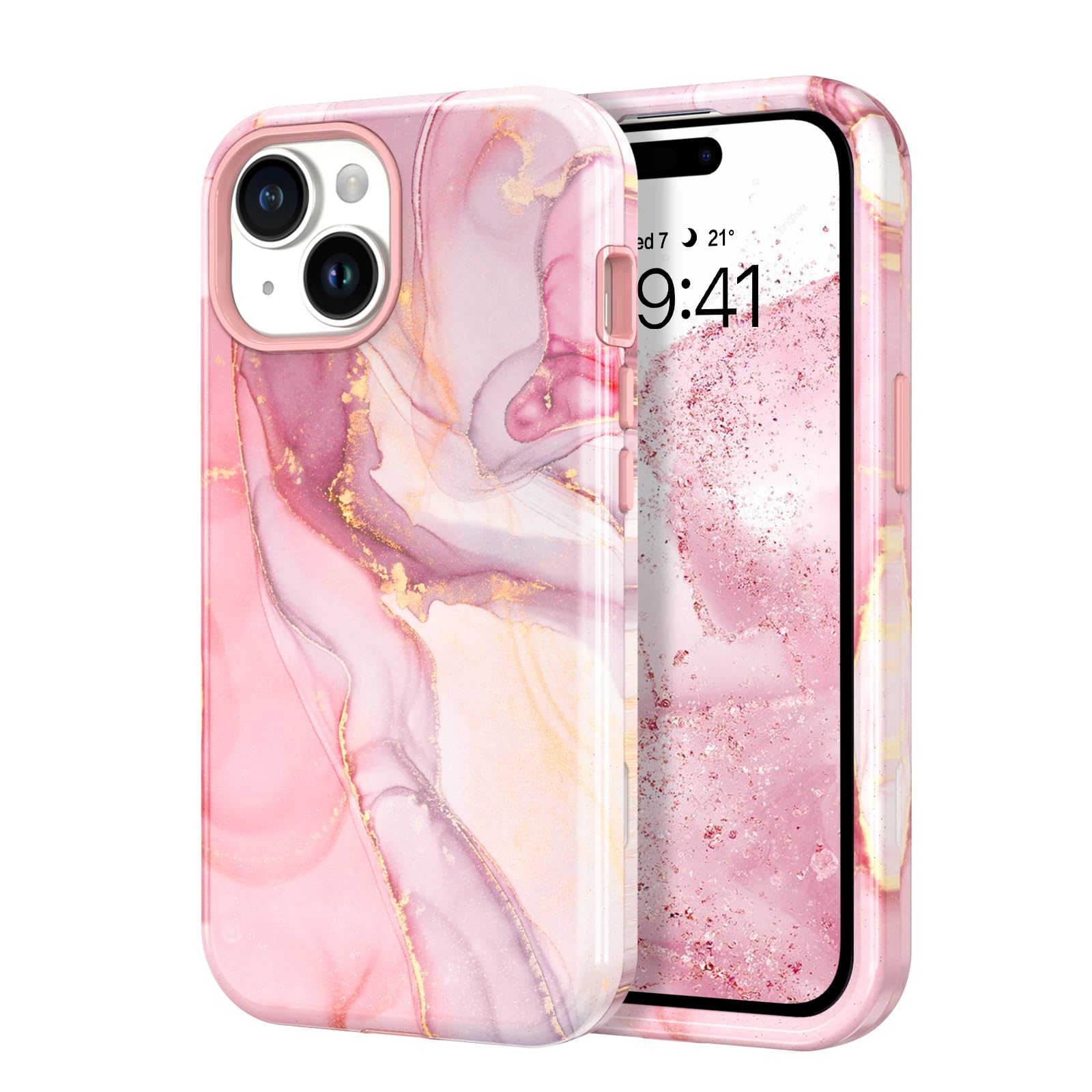 YINLAIfor iPhone 15 Case Marble Pattern 3 in 1 Full Body Rugged Hard PC Back Cover Bumper, Soft Silicone Drop Shockproof Protection Girly Women Case for iPhone 15 6.1 Inch,Rose Gold Pink