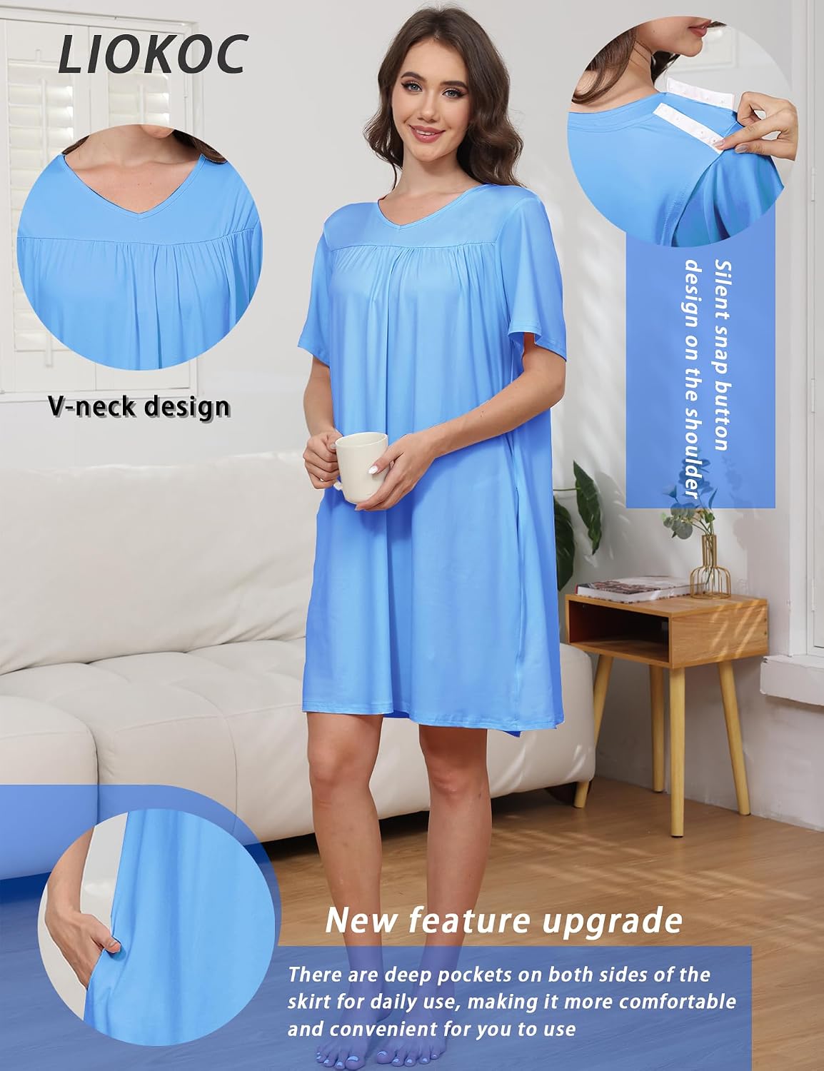 Cotton 2 Pack Hospital Gown for Women Open Back Snaps with Pockets | Adaptive Patient Gown Set, Short Sleeve Overlap Back, Soft Stretch Cotton for Hospital, Postpartum, Elderly and Home Care