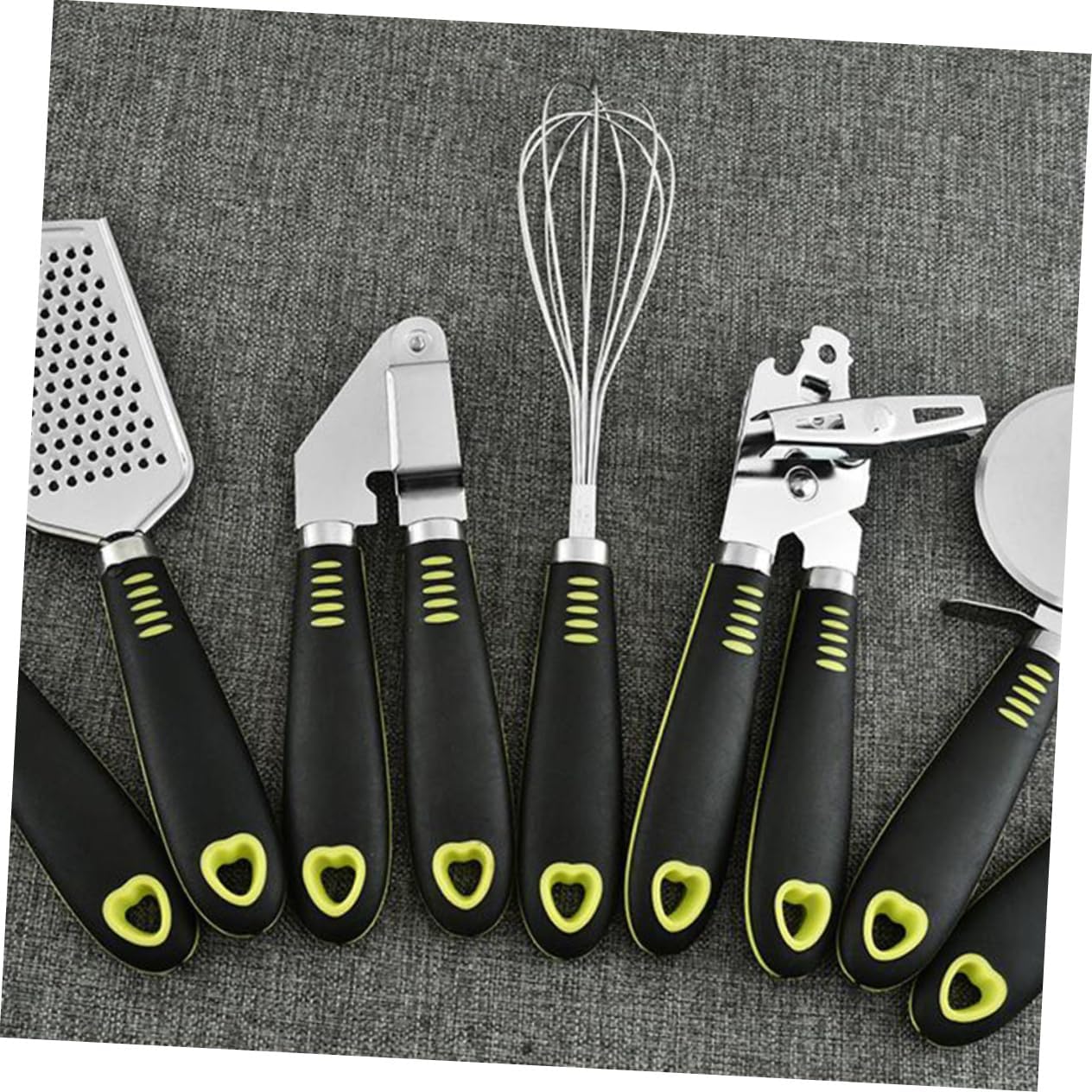 7pcs Kitchen Utensils Set Stainless Steel Non-stick Cooking Tools with Cheese Grater Pizza Wheel Can Opener Garlic Press and More Ergonomic Design for Easy Cleaning and Storage