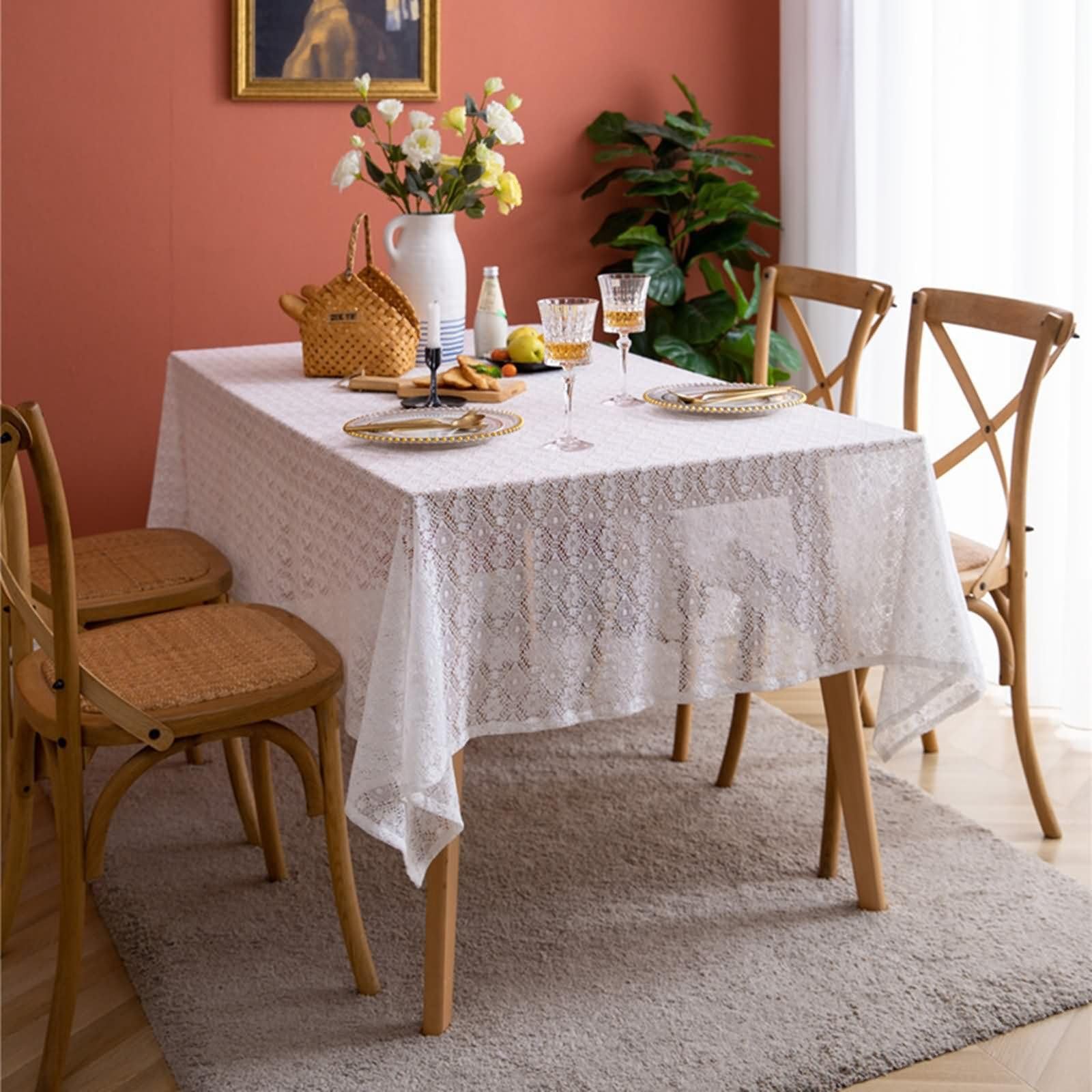 Weiß Tischdecke Rechteckig 150 x 300 cm, Baumwolle Blumenstickerei, Tischdekoration für Party