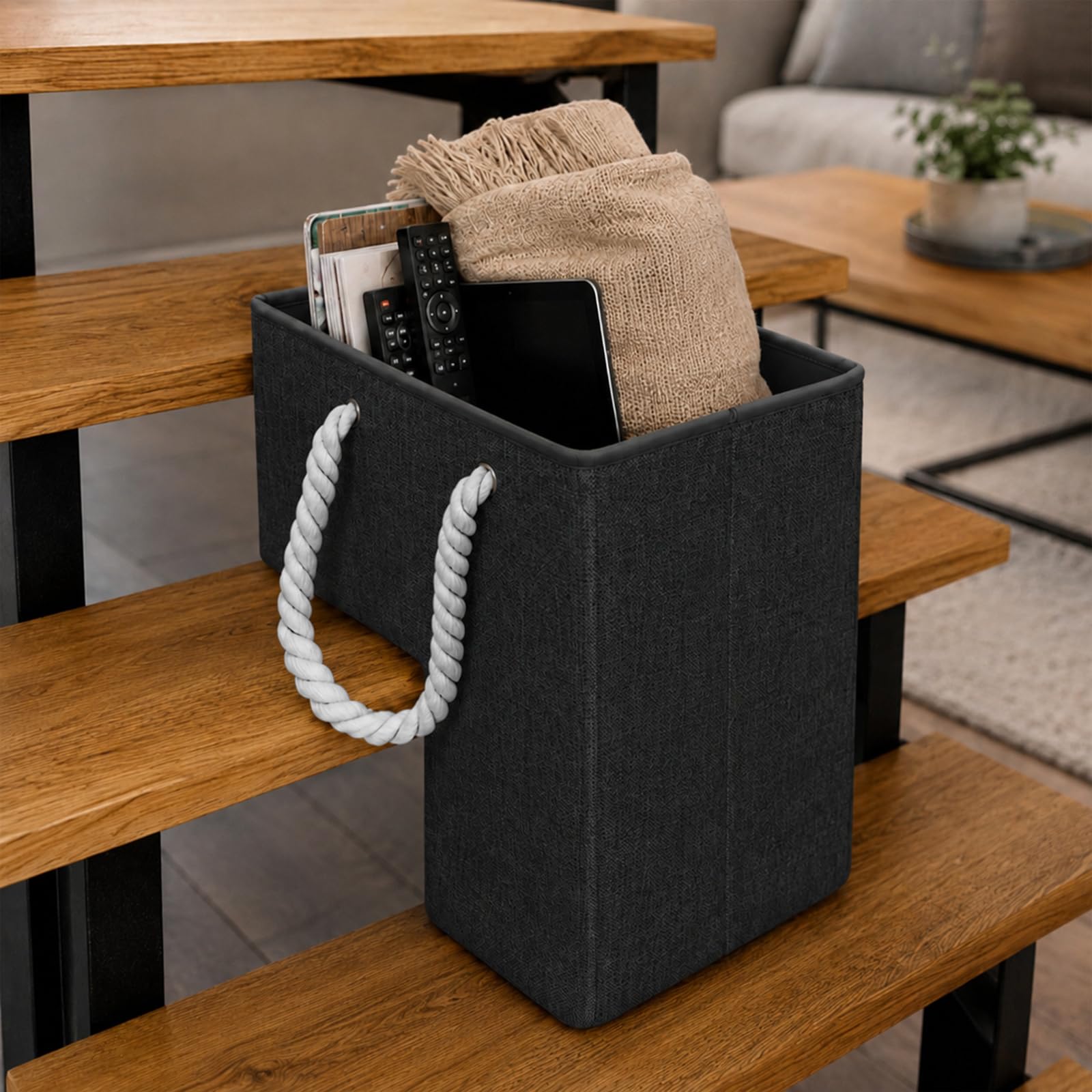 Esoes Cesta de escalera organizador multifuncional para escaleras | Contenedor de almacenamiento con asas de cuerda plegable para la oficina en casa, alfombras y escaleras de madera