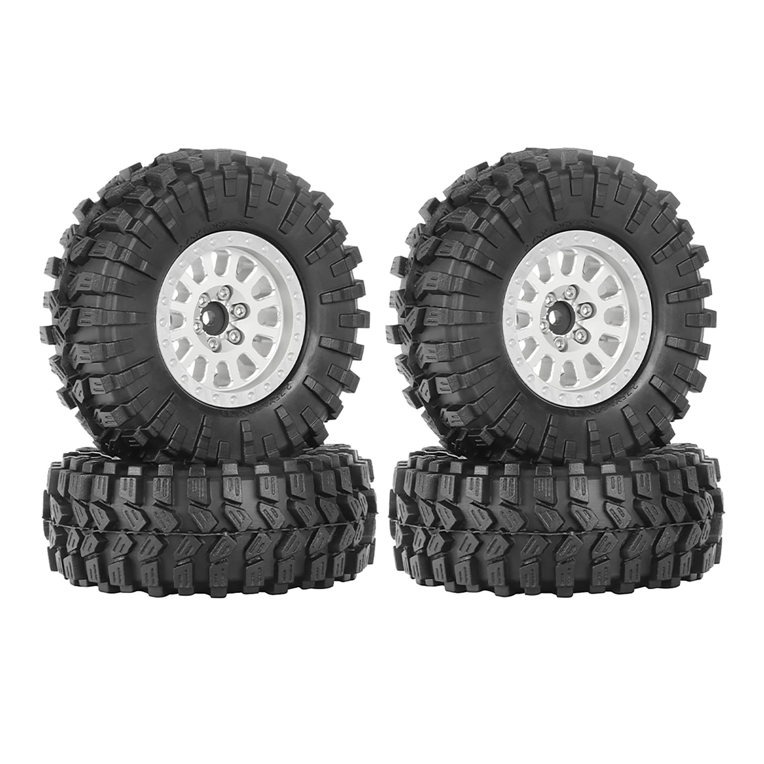 KINGCOO 4PCS 1.33" Aluminum Alloy Beadlock Wheel Rims All-Terrain Tyre 70mm Rubber Tires Set with 5mm & 7mm Hex for 1/12 1/14 1/18 1/24 RC Rock Crawler Car Upgrade Parts (D-Silver)