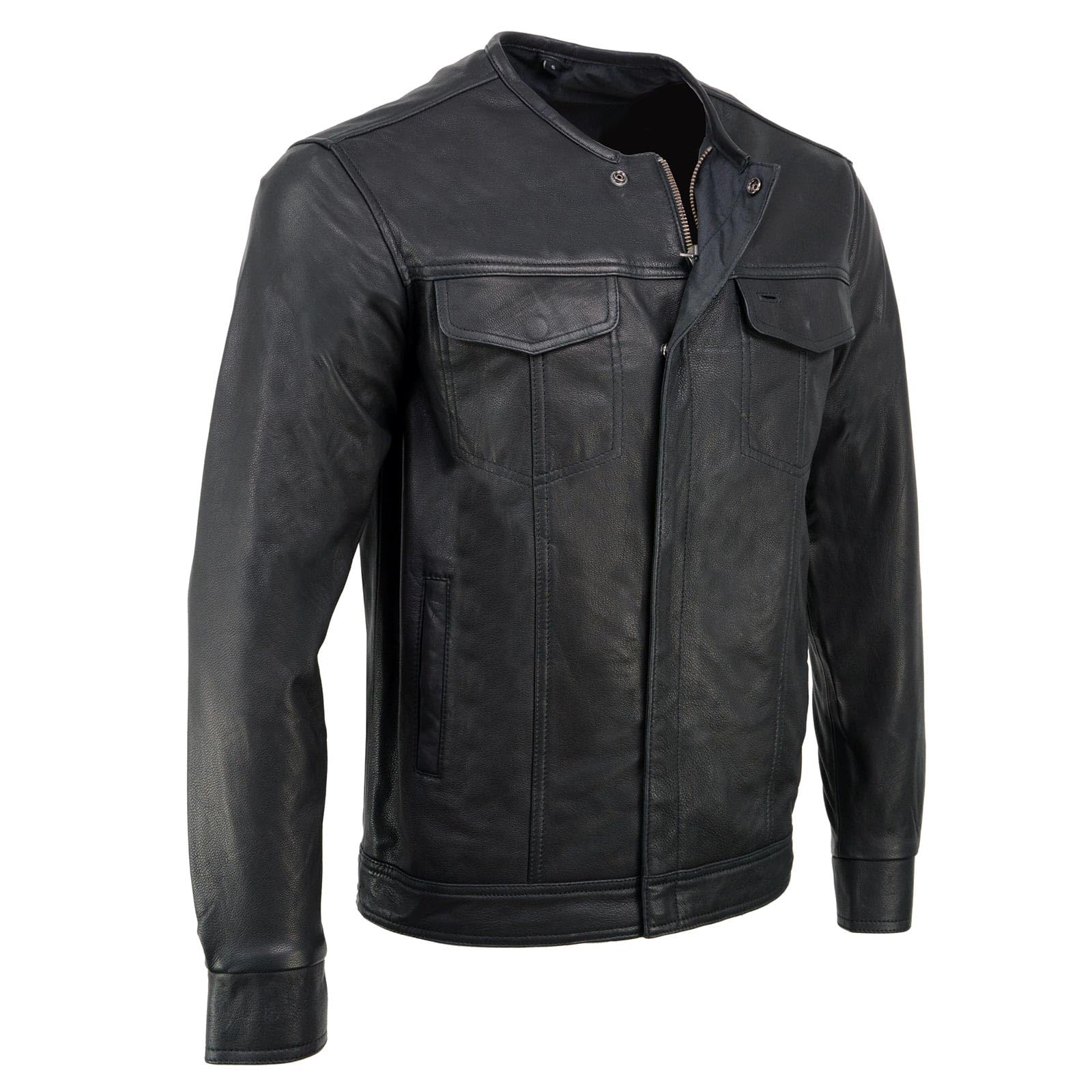 Milwaukee LeatherMLM1607 Men's Collarless Black Premium Goat Skin Leather Casual Biker Shirt w/Dual Closure