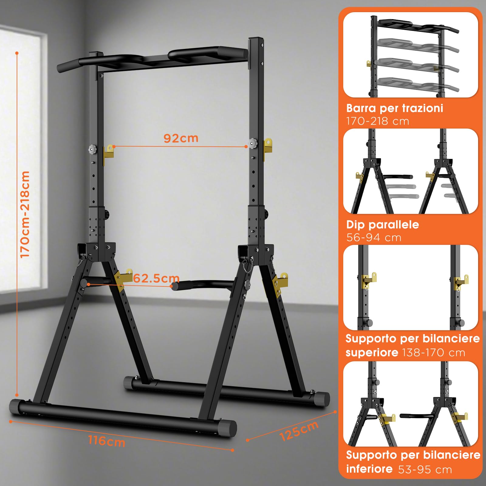 DH FitLife Power Tower Dip Station Pieghevole | Barra per Trazioni Autoportante con Dip Parallele e Supporti per Bilanciere/Schienale | Stazione Fitness Multifunzionale | Power Rack for Home Gym