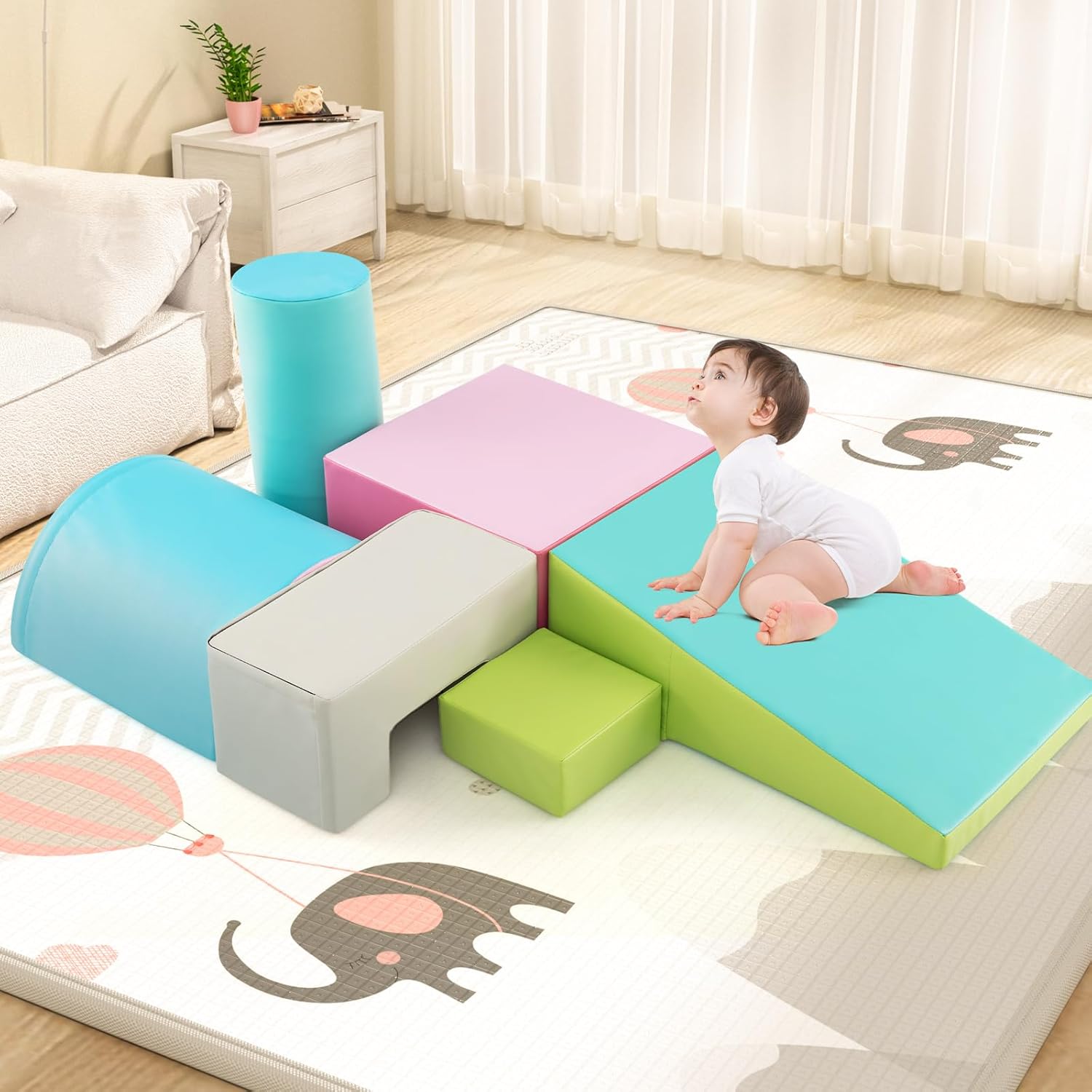 Costzon Toddler Climbing, 6 Pieces Climb and Crawl Playset with PU Cover for Baby Crawling, Climbing & Walking, Indoor Foam Climbing Blocks for Toddlers (Light Green)