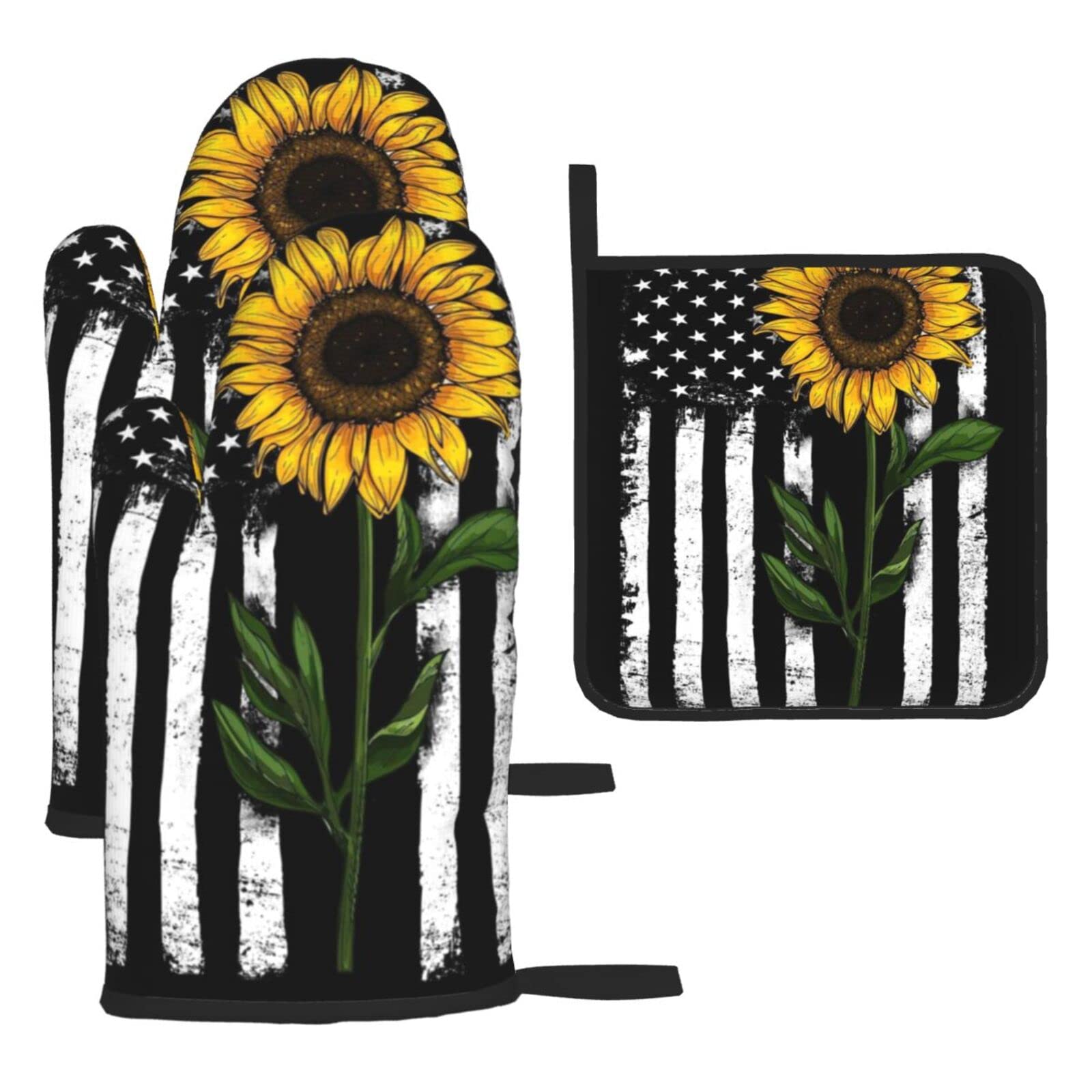 Sunflower and American Flag Oven Mitts and Pot Holder Kitchen Set for Grilling, Cooking, Baking, Heat Resistant