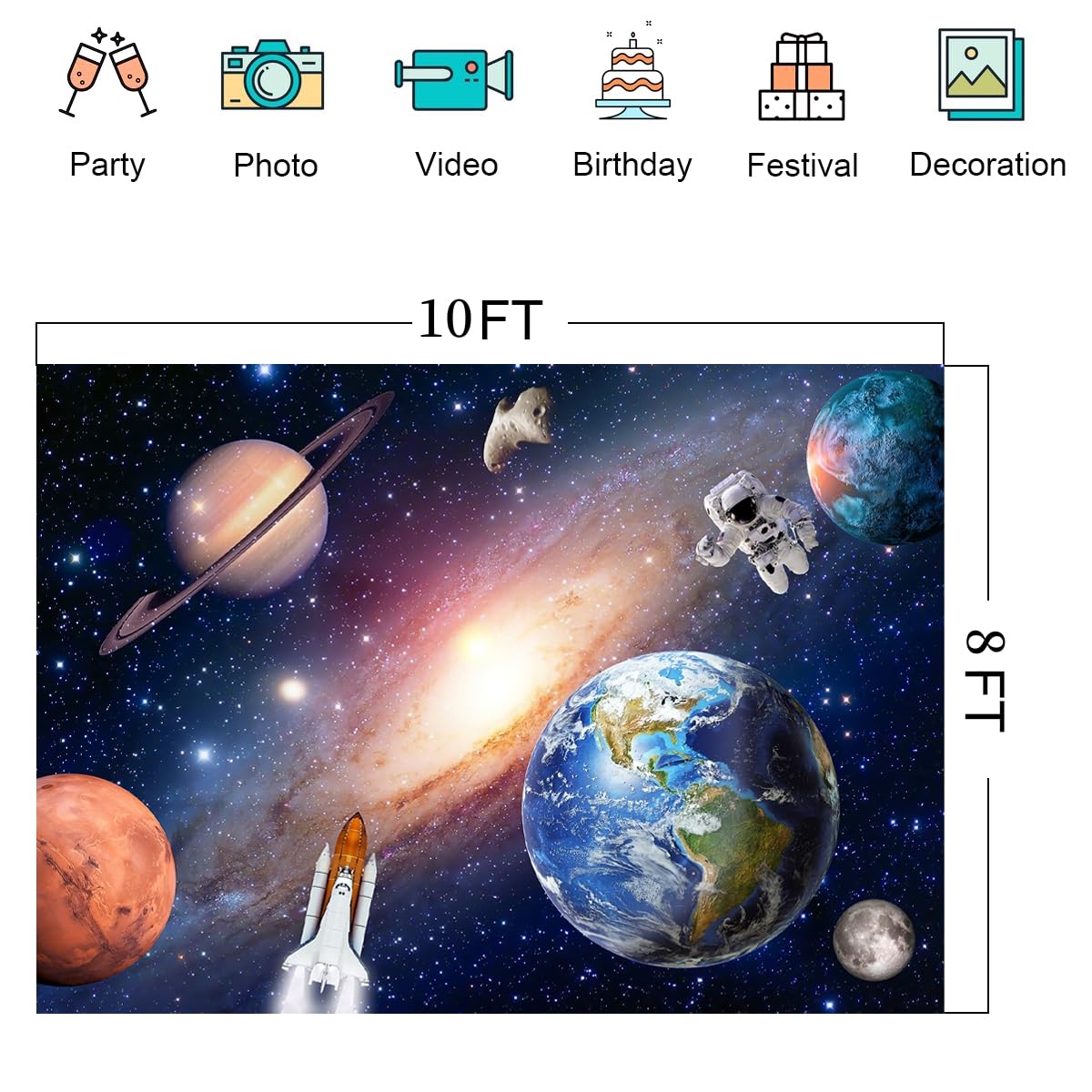 Telón de fondo del espacio exterior para bebés y niños, astronautas, cohetes, naves espaciales, universo, planetas, fondo perfecto para decoración de fiesta de cumpleaños temática de galaxia