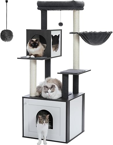 PETEPELA Árbol para gatos con caja de arena, moderna torre para gatos, muebles de caja de arena para gatos, condominio para gatos con postes
