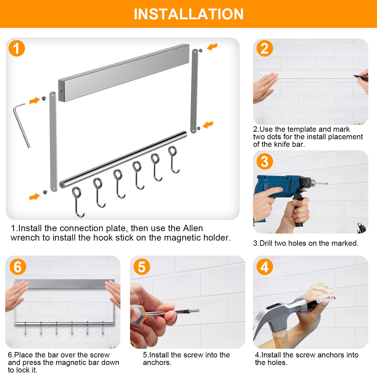 Ninonly Iman para Cuchillos en Pared 40cm Barra Magnetica para Cuchillos de Acero Inoxidable con 6 Quitar Ganchos Soporte Magnetico para Cuchillos y Soportes para Utensilio