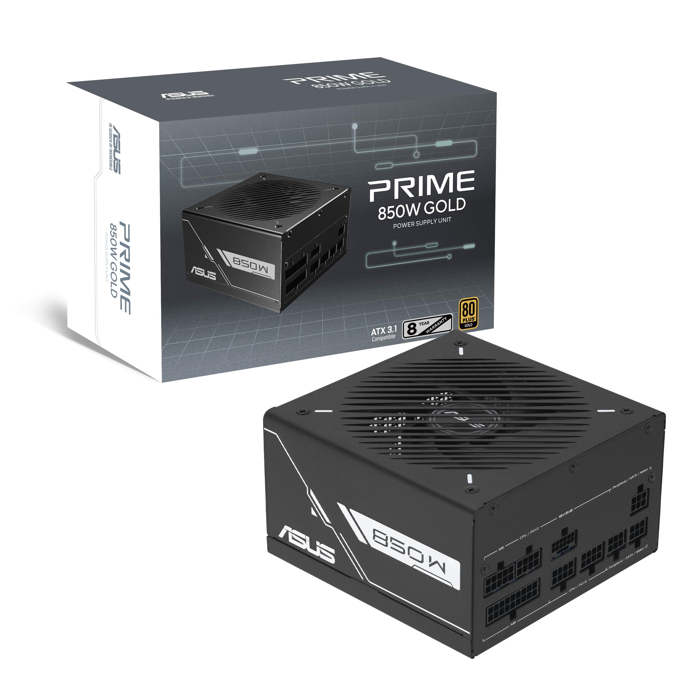 ASUS Prime 850 W Gold Black Edition zasilacz gamingowy (850 W, wentylator z podwójnym łożyskiem kulkowym, kompatybilny z ATX 3.1 i PCIe 5.1, certyfikat 80 Plus & Cybernetics Gold, trawiony kabel