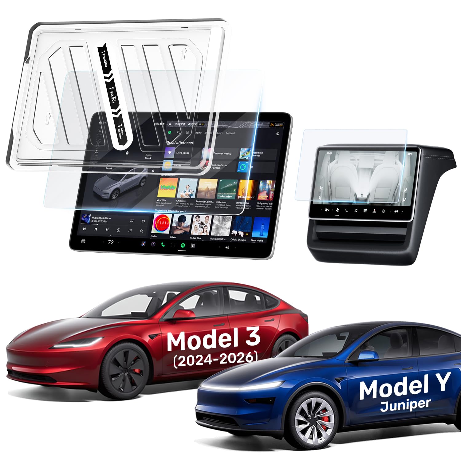 Zanch Tesla New Model Y Juniper/Model 3 (2024-2026) Screen Protector Front & Rear - 9H Matte, [No Glare & Fingerprints] with Alignment Kit, New Model