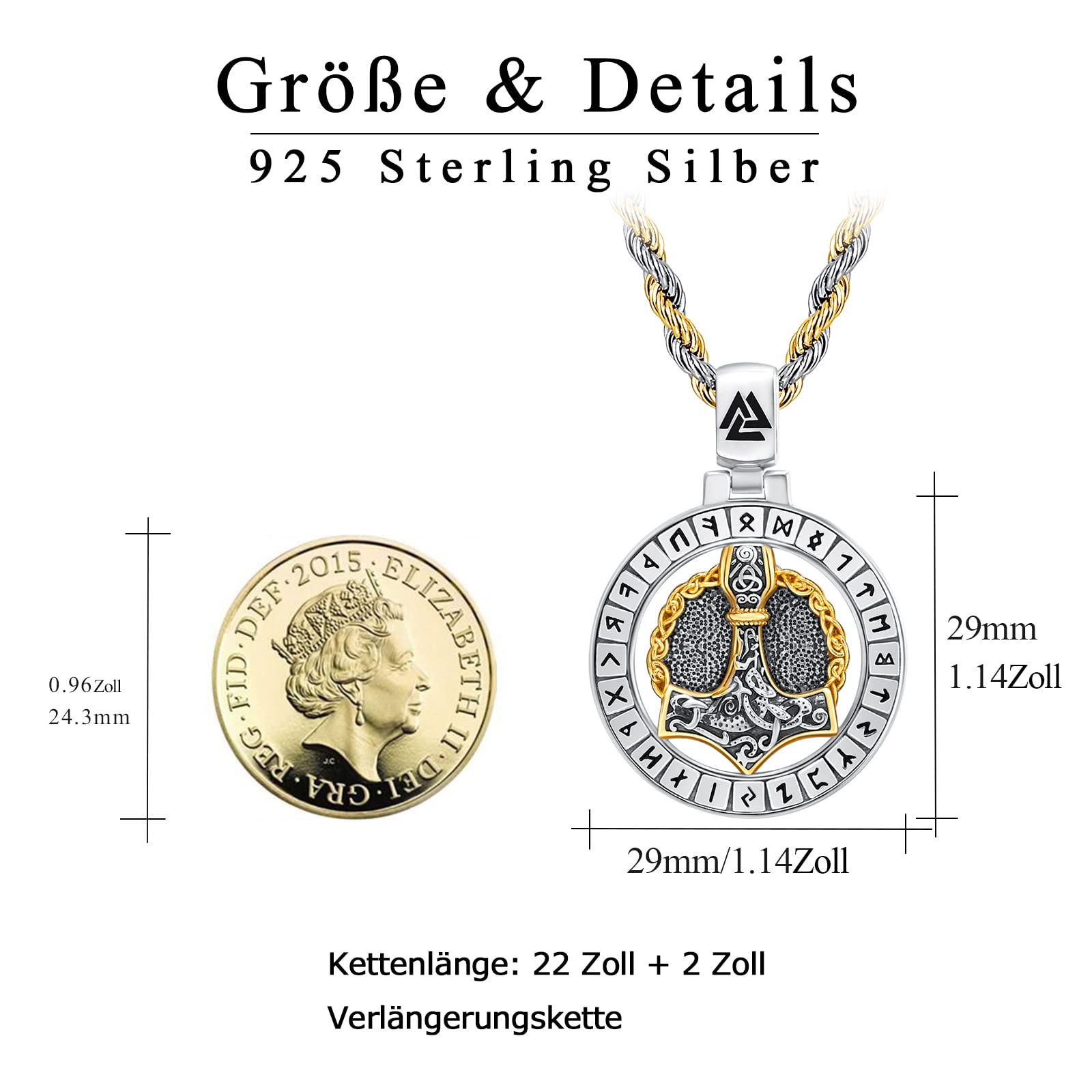 Wikinger Halskette 925 Sterling Silber für Herren | Nordischer Anhänger, Geschenk zu Geburtstag, Weihnachten, Vatertag und für Liebhaber der Wikingerkultur