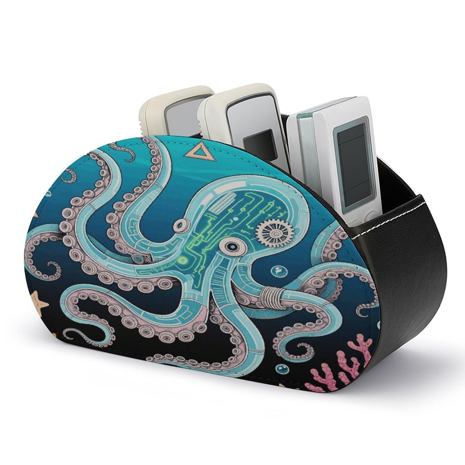 VstaDank Mechanical Octopus Remote Control Holder with 5 Compartments PU Leather TV Remoter Caddy Desktop Organizer TV Remote Holder Remote Box for Media Controllers Office Supplies