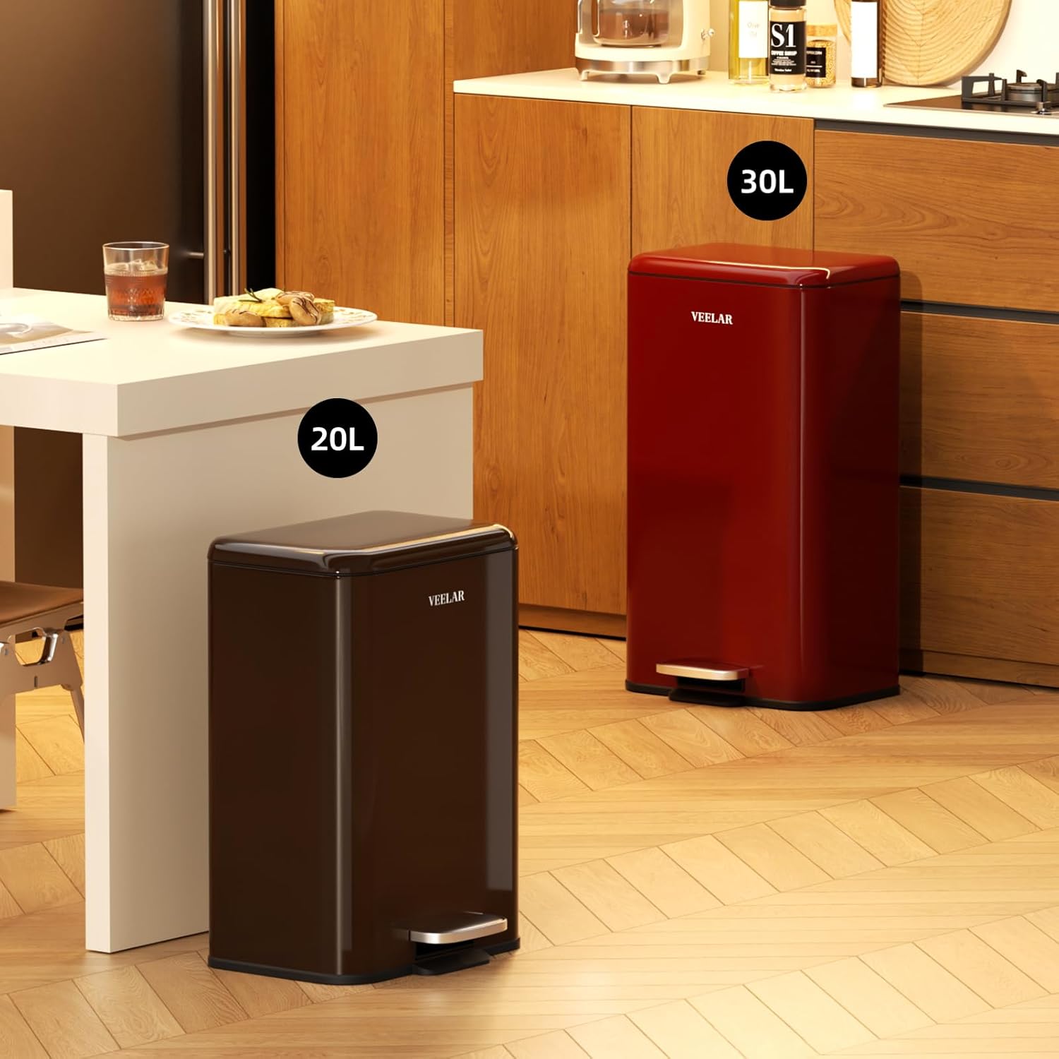 Kitchen Bathroom 8 Gallon Trash Can - Stainless Steel Garbage Cans with Foot Pedal, Recycling Bin with Lid for Office Bathroom Decor (Red, 30Liter / 8Gallon)
