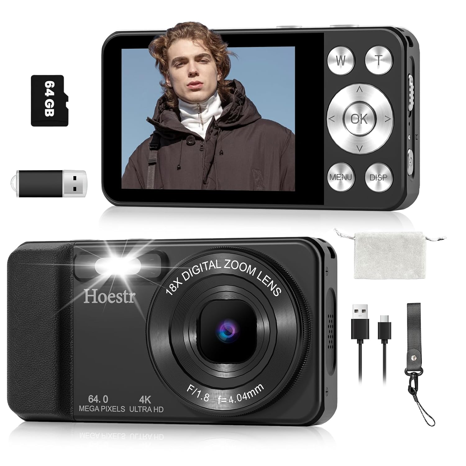 64MP 4K Digital Camera, Hoestr 18X Zoom Autofocus Point and Shoot Compact Camera with 64GB TF Card, Flash, 2.8″ LCD Screen for Teens Adult Beginner Travel Photography Vlogging(Black) 64MP 4K Digital Camera, Hoestr 18X Zoom Autofocus Point and Shoot Compact Camera with 64GB TF Card, Flash, 2.8″ LCD Screen for Teens Adult Beginner Travel Photography Vlogging(Black)