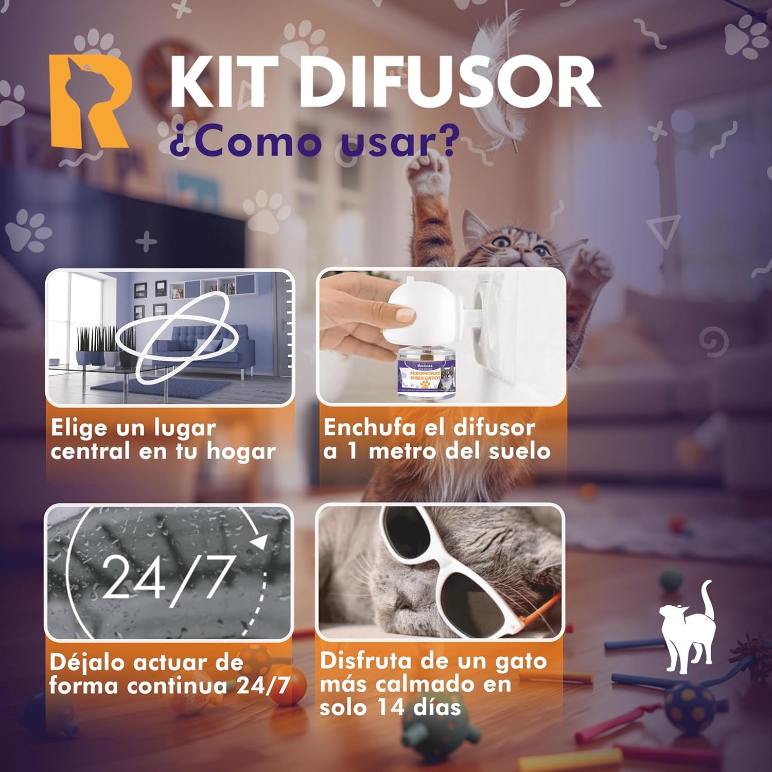 | RONRUNEA® - Pack Ahorro de 3 Difusores + 8 Recambios de 48ml de Feromonas para Gatos Premium | Ambiente Tranquilo para Tus Gatos hasta 240 Días | Ideal para Hogares.