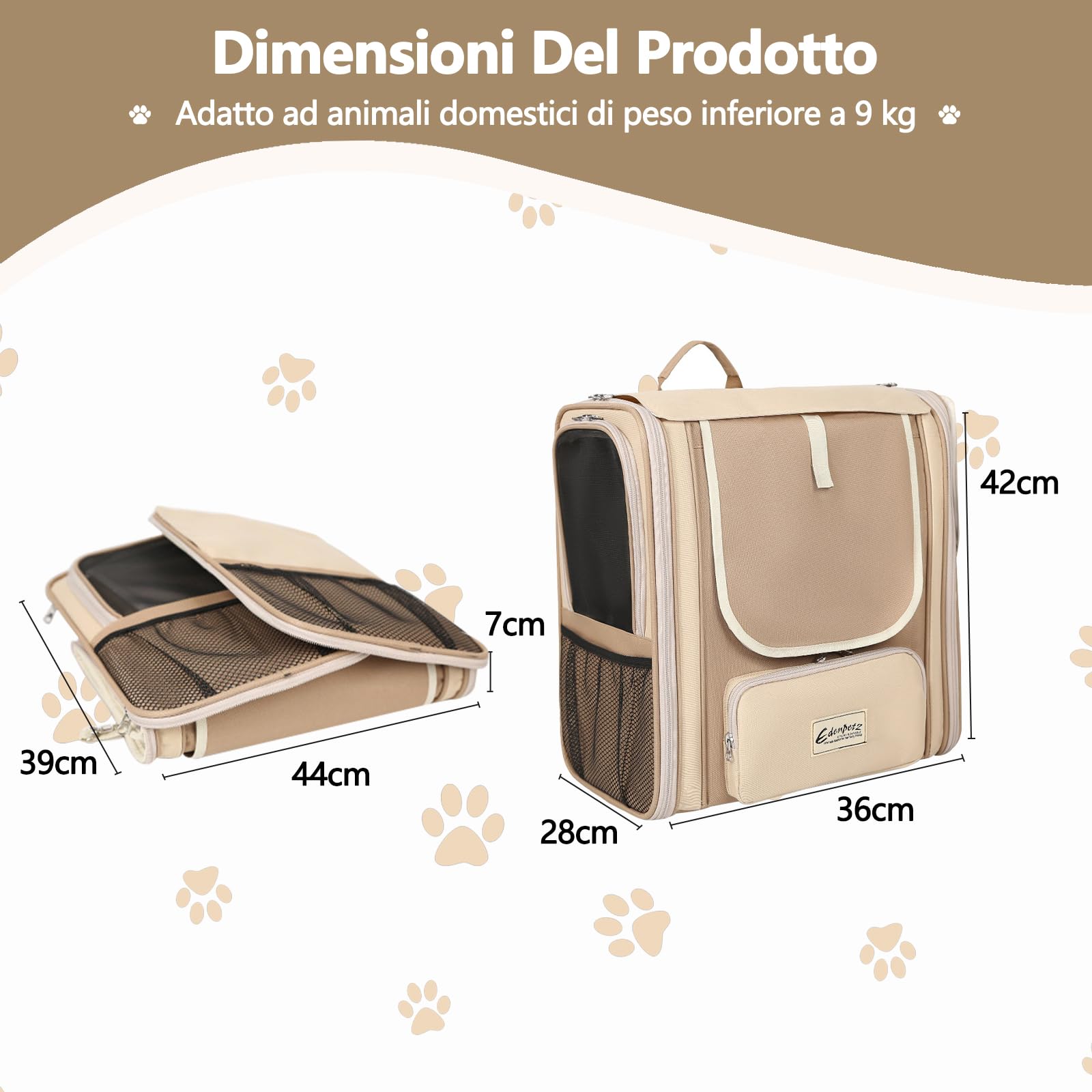 Galatée Zaino Per Animali Domestici, Borsa Portatile Per Cani e Gatti, Rete Traforata Per Traspirabilità e Dissipazione Del Calore, Realizzato In Tessuto Oxford, Pieghevole Per Riporlo (Kaki)
