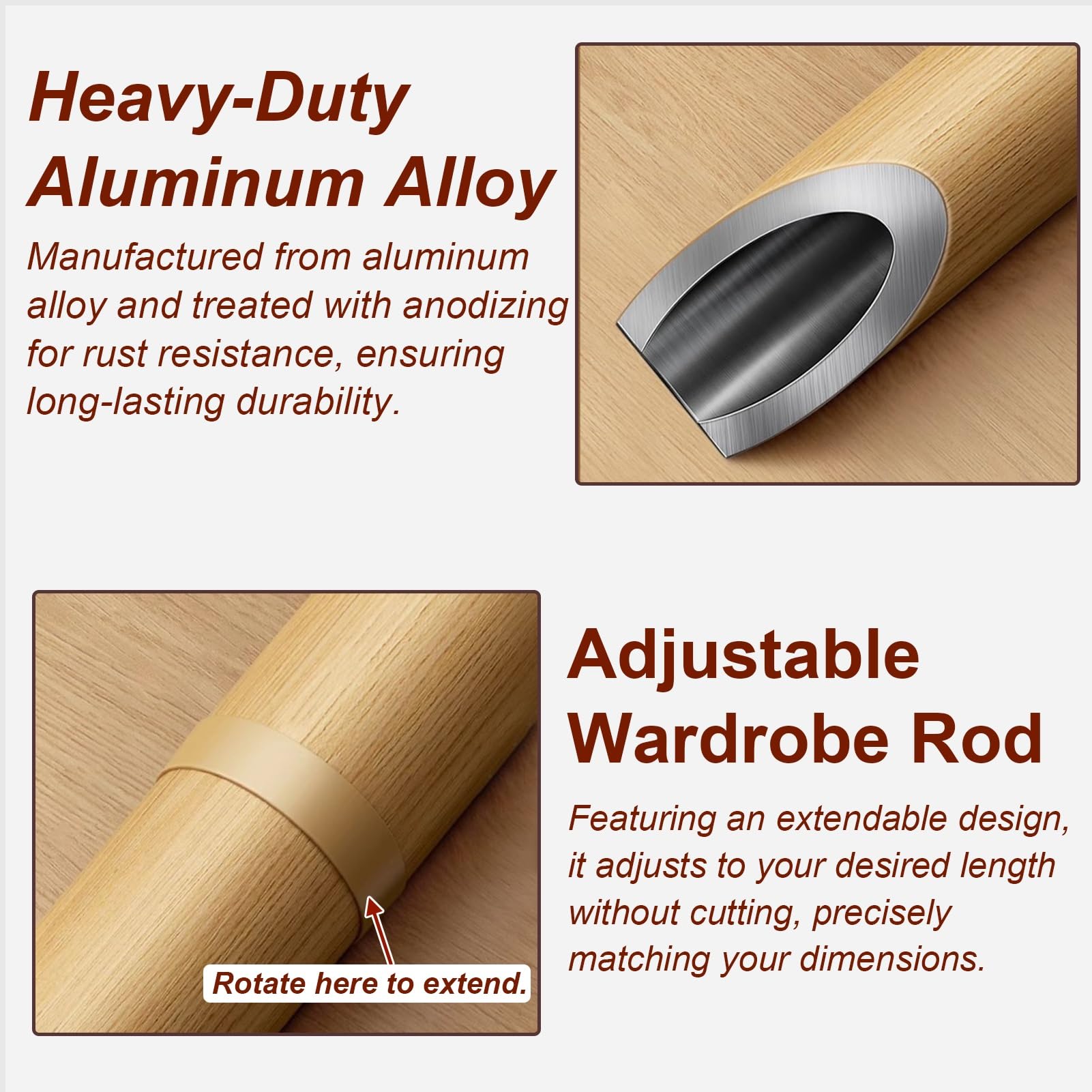 Bastone Appendiabiti per Armadio Asta Appendiabiti A Tensione Regolabile, Binario Estensibile Antiscivolo Guardaroba, Barra Appenditende Acciaio Inossidabile Effetto Legno(35-50cm (13.8-19.7in))