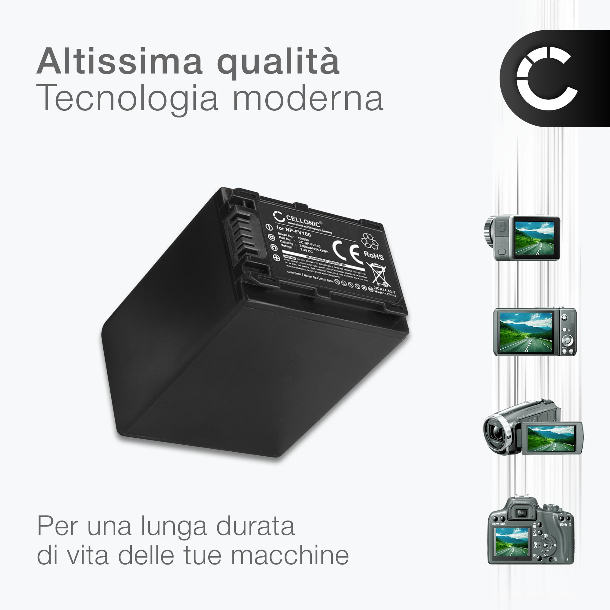 CELLONIC 1x Batteria per Fotocamera Compatibile con Sony FDR-AX33, HDR-CX250, HDR-CX270, NP-FV70 – (3300mAh, 7.4V)