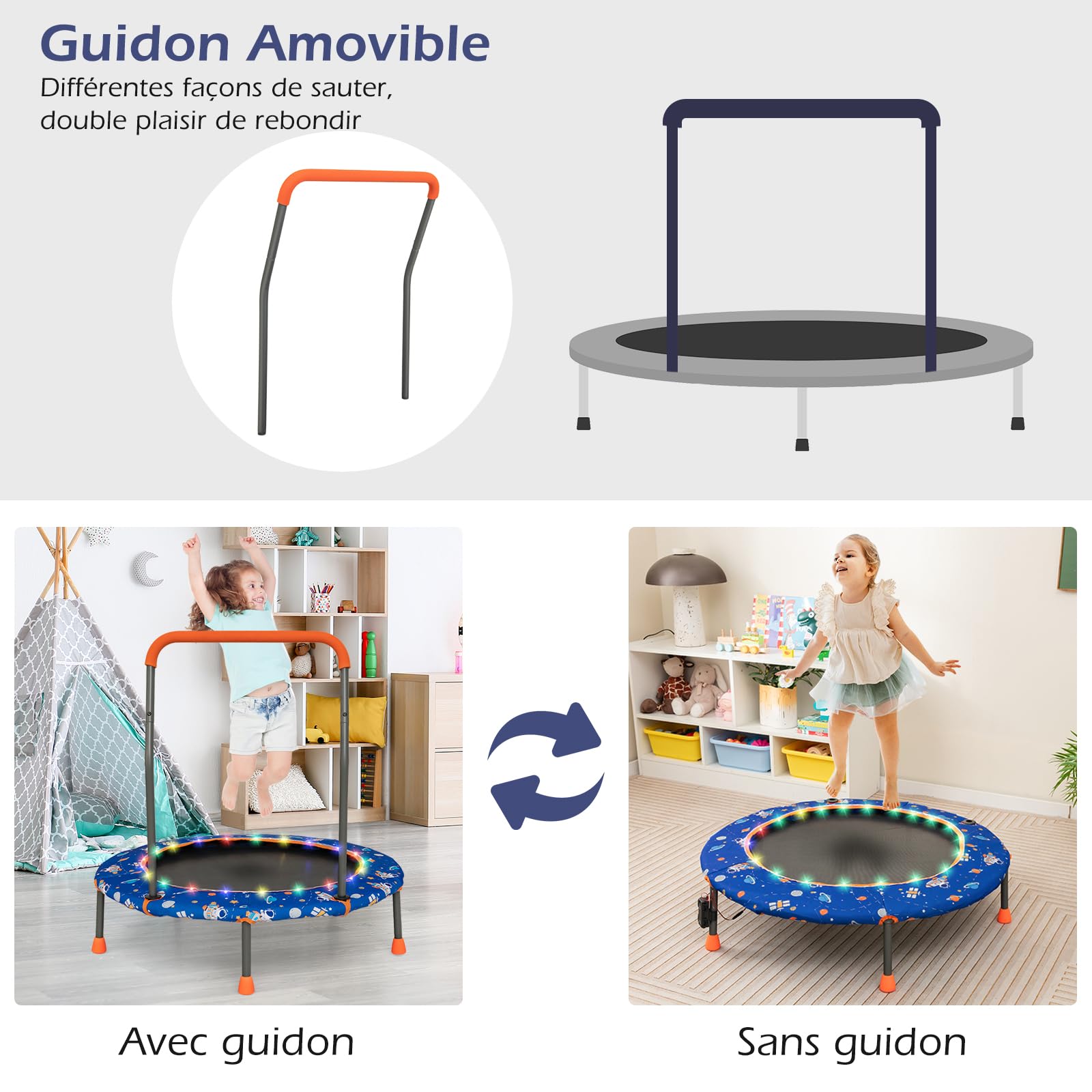 COSTWAY Trampoline Enfant Ø92CM avec 21 Lumières LED & Poignée Amovible, Mini Trampoline Exterieur Enfant avec Motif d'Astronaute & Tapis Antidérapant pour Enfant de 3-6 Ans