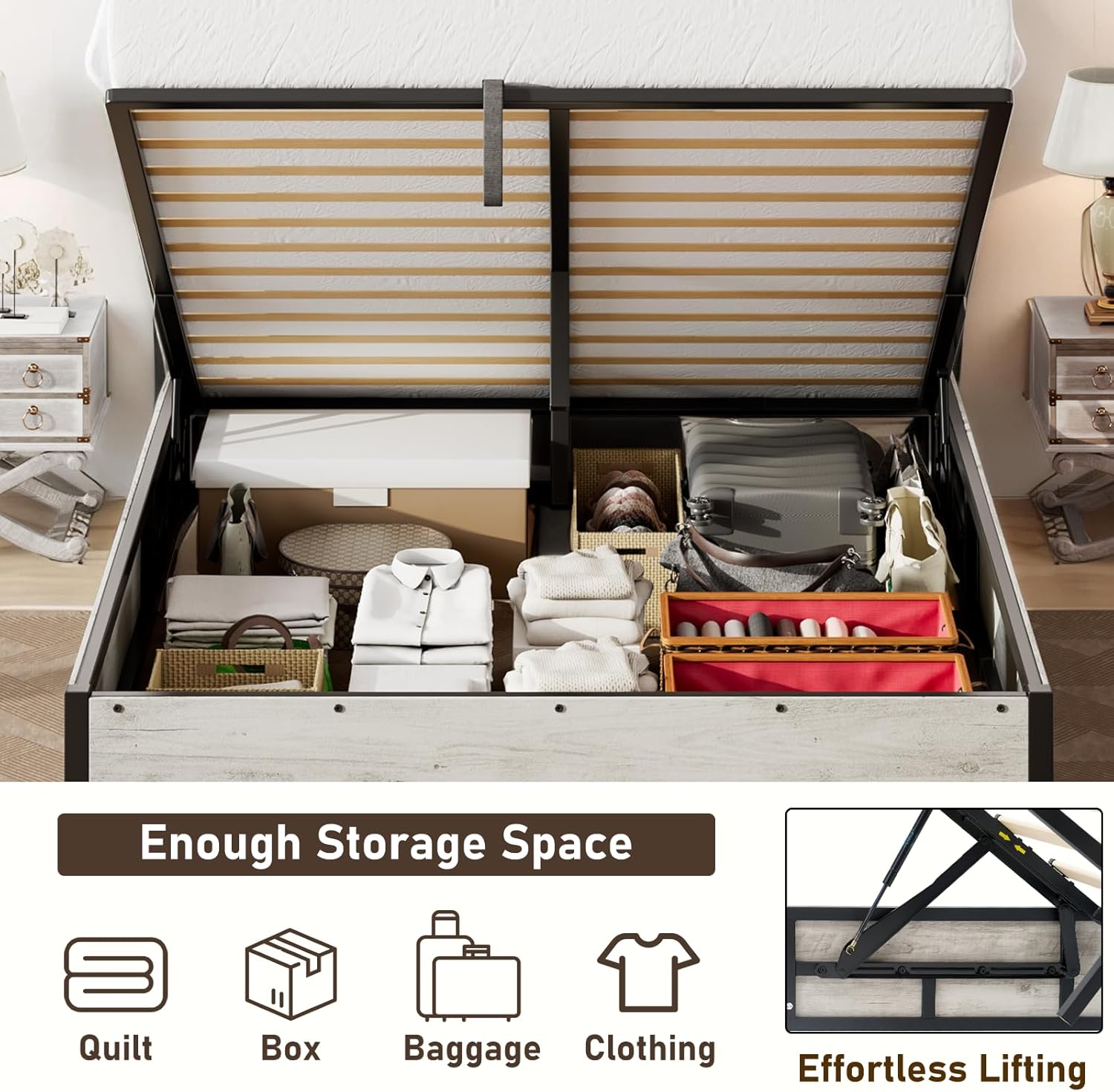 YUMPIE Lift Up Storage Bed Frame, Full Size Wooden Platform Bed with Large Storage Underneath, No Box Spring Needed, Noise Free, Distressed White