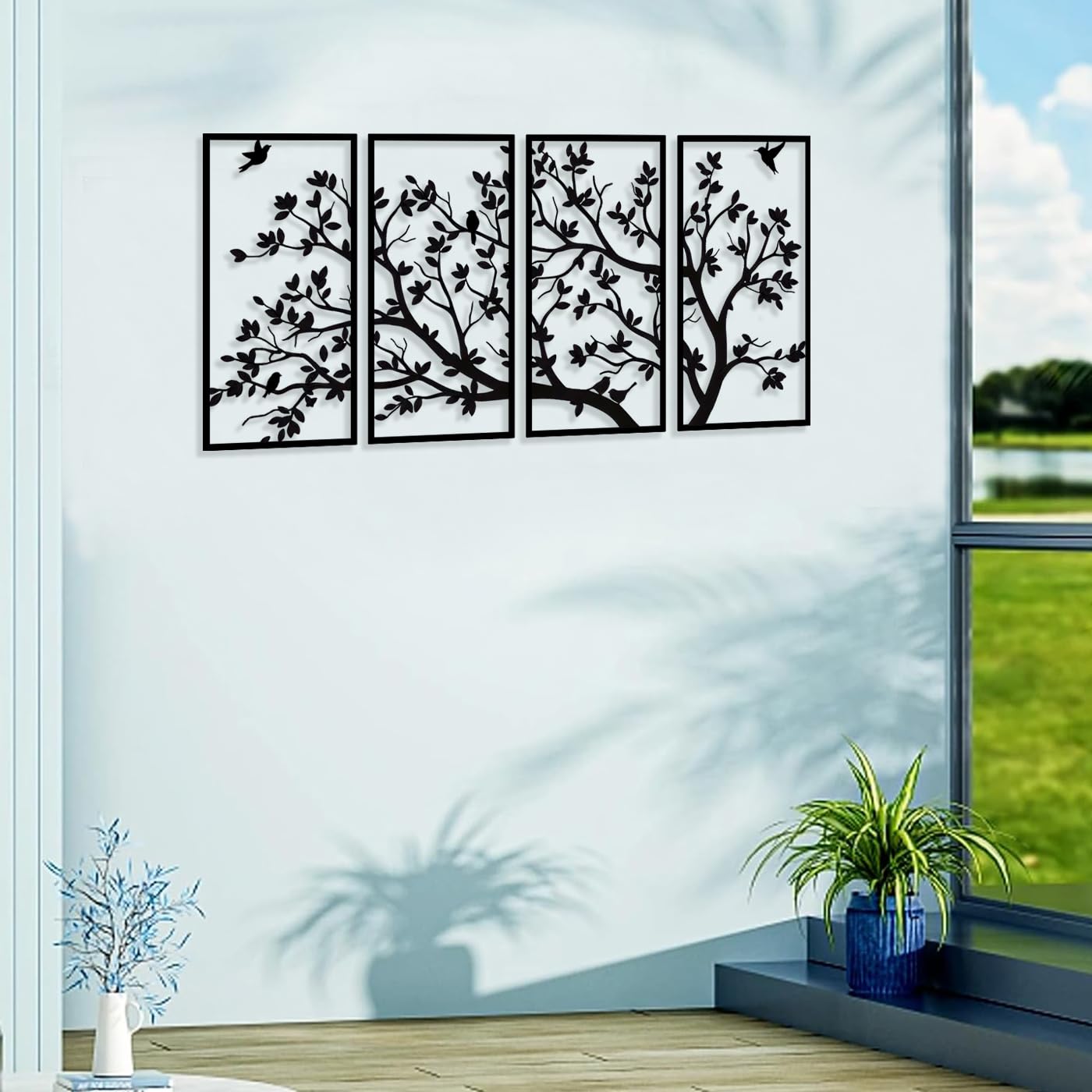 Luccyle Art mural en métal, arbre de vie, 4 panneaux, vie des arbres, art mural en métal, pour cadeau, jardin, maison, chambre à coucher, salon (60 x 30 cm)
